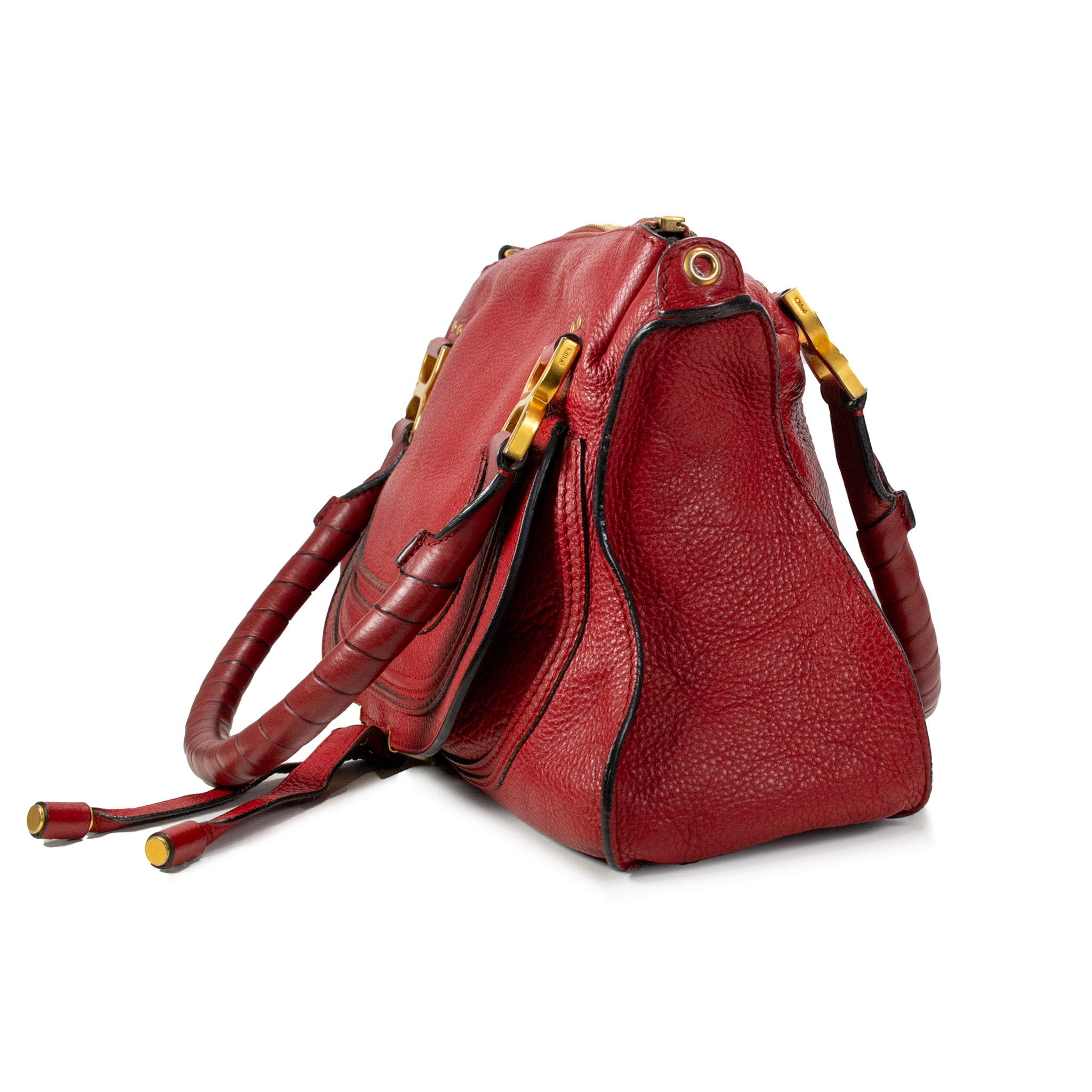 Chloé Marcie Red Pebbled Leather Gold Tone Hardware Satchel Top Handle Handbag