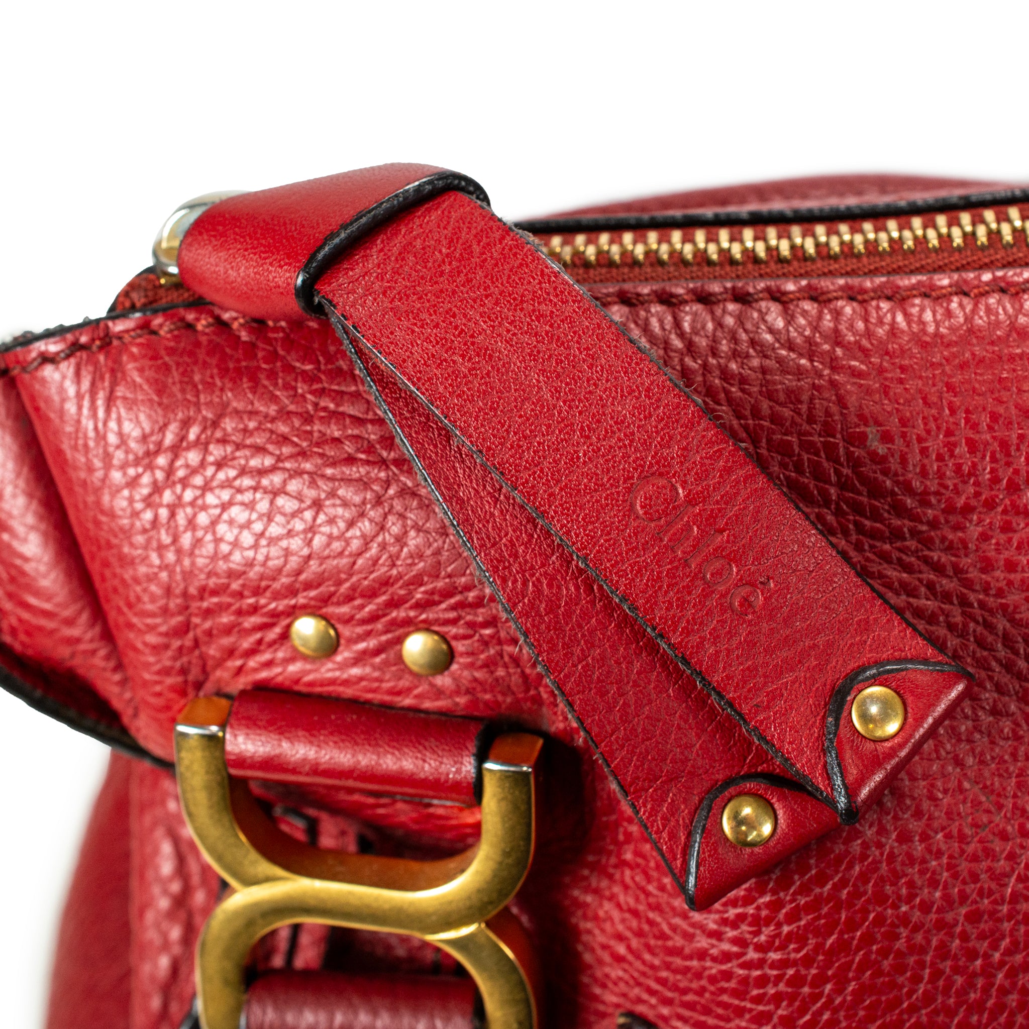 Chloé Marcie Red Pebbled Leather Gold Tone Hardware Satchel Top Handle Handbag