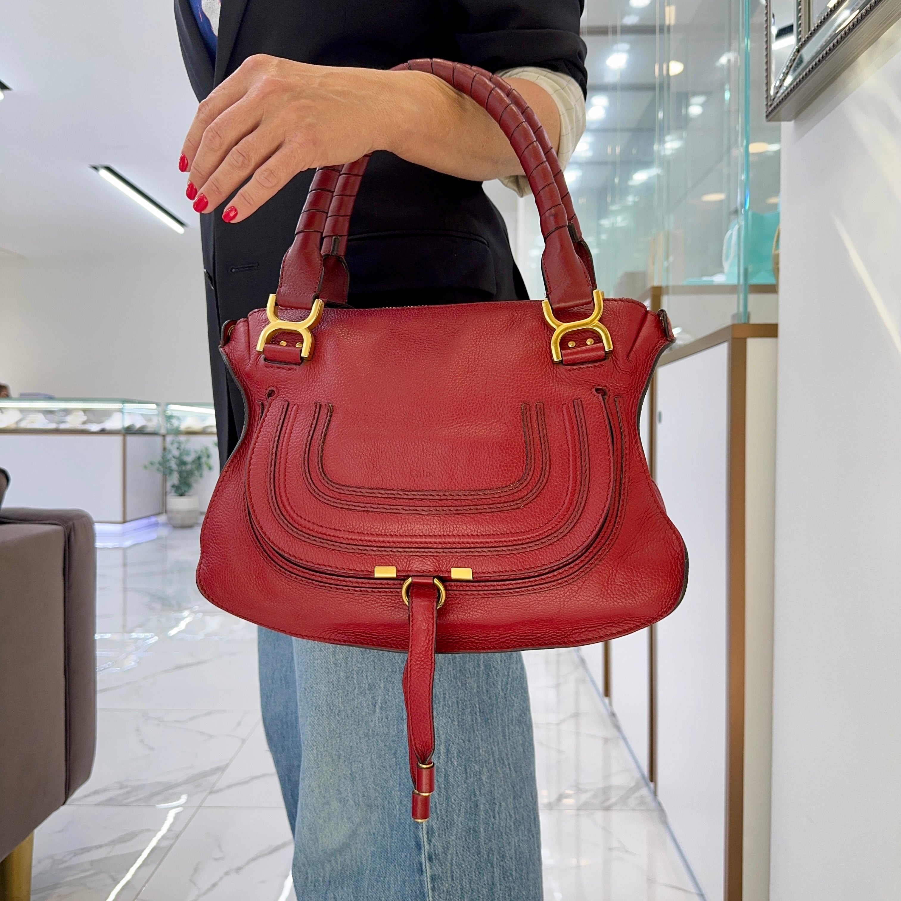 Chloé Marcie Red Pebbled Leather Gold Tone Hardware Satchel Top Handle