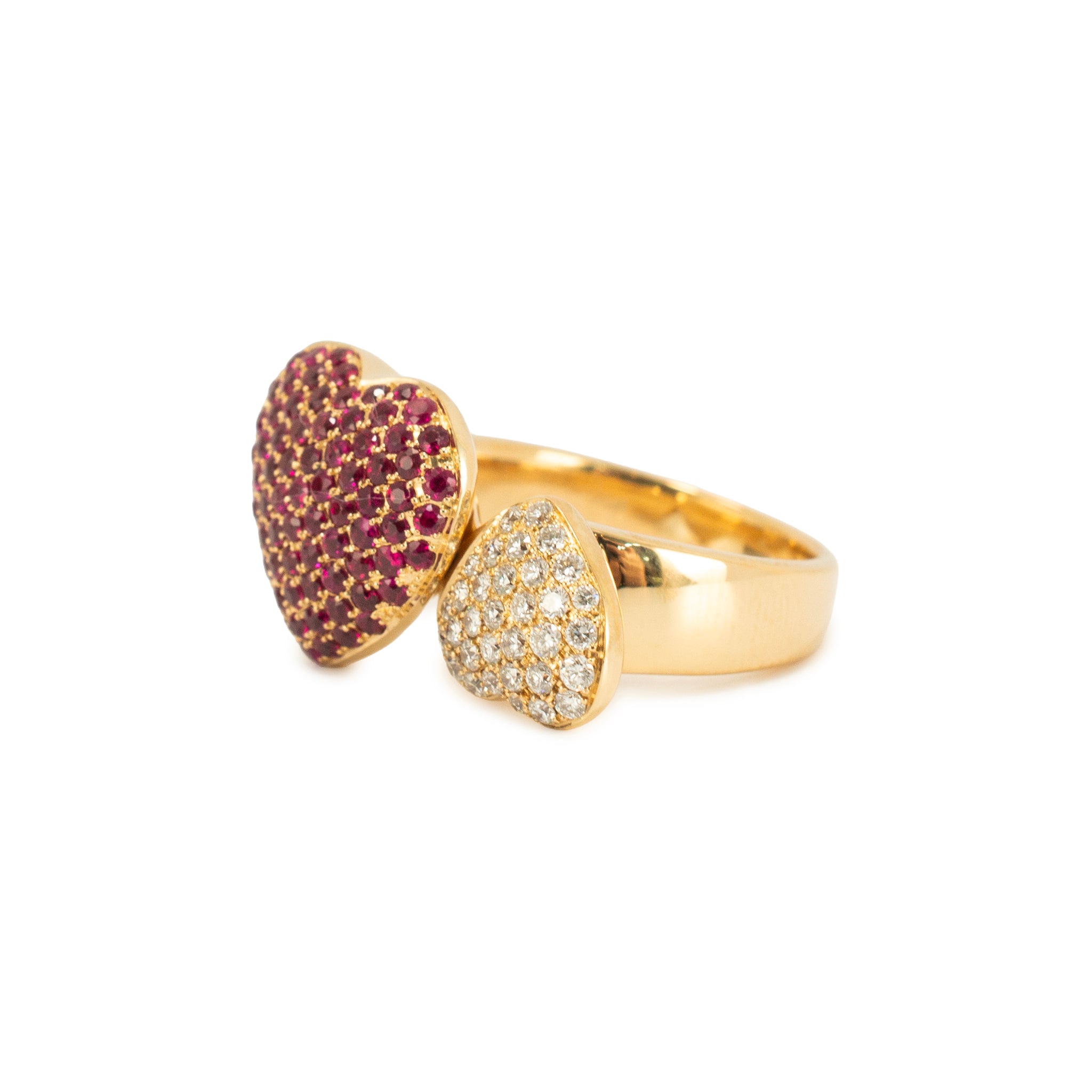 Leo Pizzo 18K Yellow Gold Amore Love Diamond Ruby Double Heart Cocktail Ring