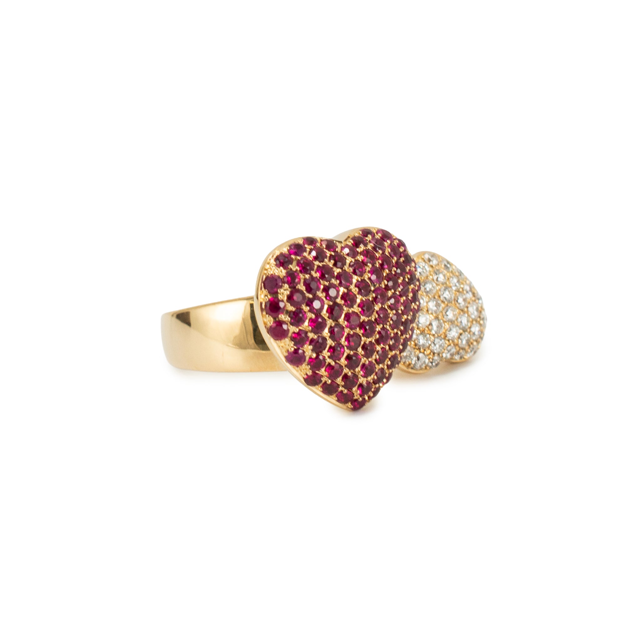 Leo Pizzo 18K Yellow Gold Amore Love Diamond Ruby Double Heart Cocktail Ring