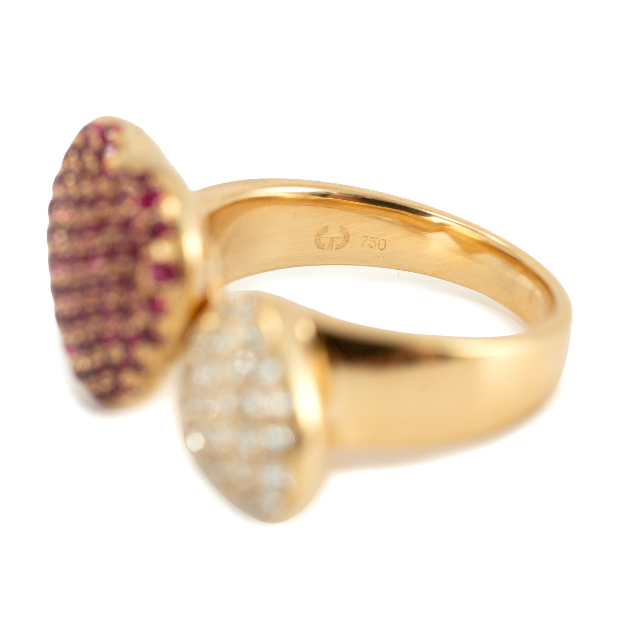Leo Pizzo 18K Yellow Gold Amore Love Diamond Ruby Double Heart Cocktail Ring