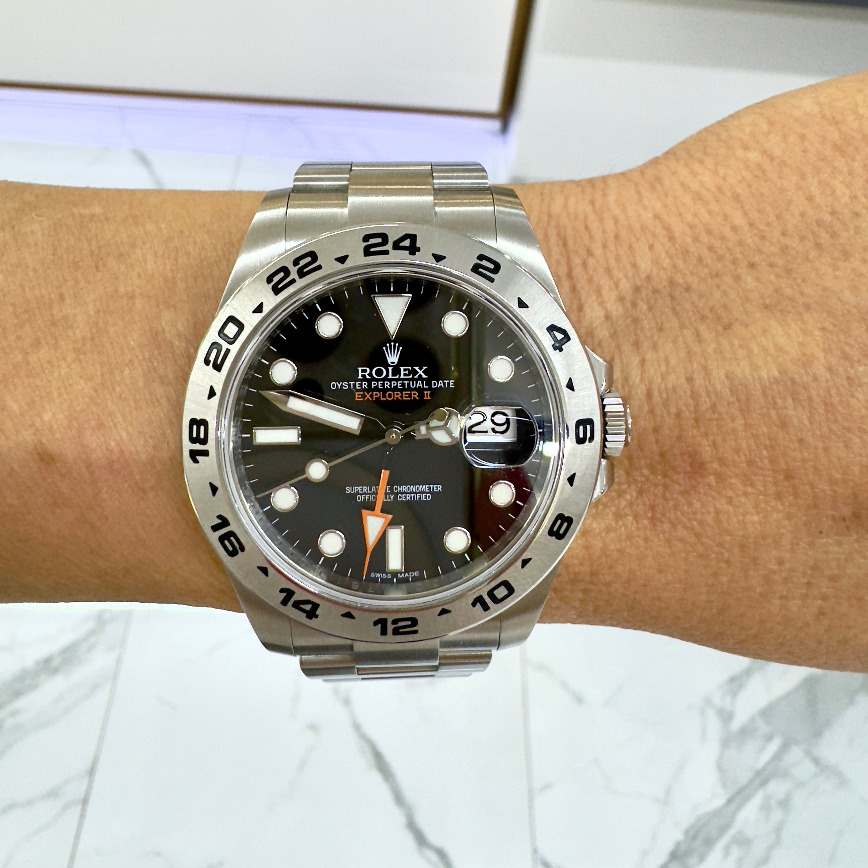 2015 Rolex Explorer II 42MM 216570 Orange Black Gmt Oyster Steel Travel Watch