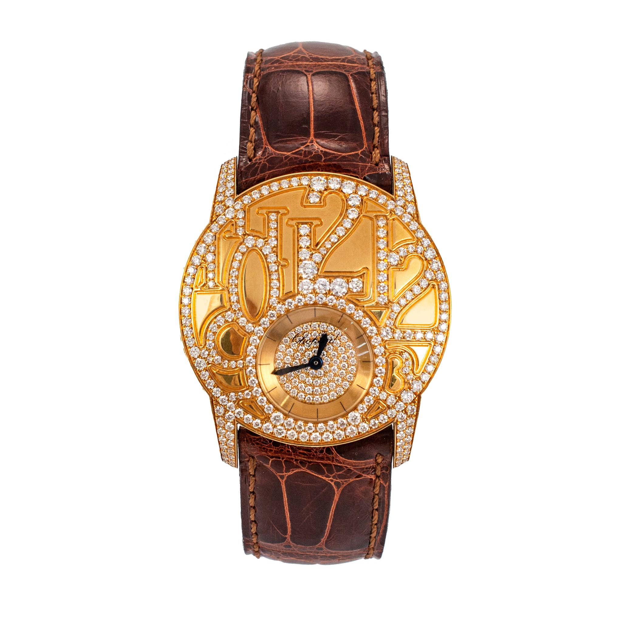 Chopard Boutique Model 35MM 4184 6.78ct Pave Diamond 18K Yellow Gold Brown Watch