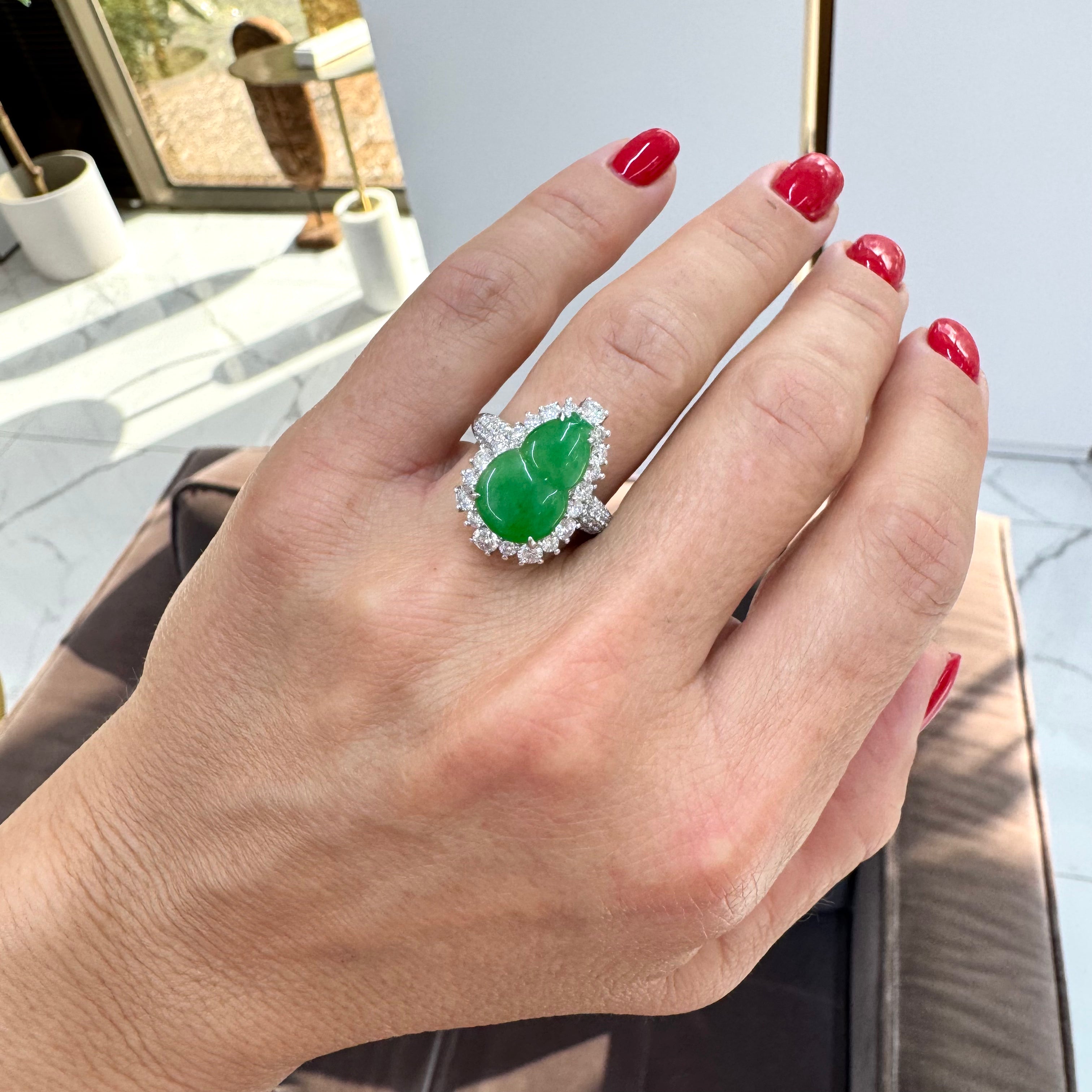 18K White Gold 3.35ct Dark Green Burmese Jadeite Jade Cocktail Ring Pendant