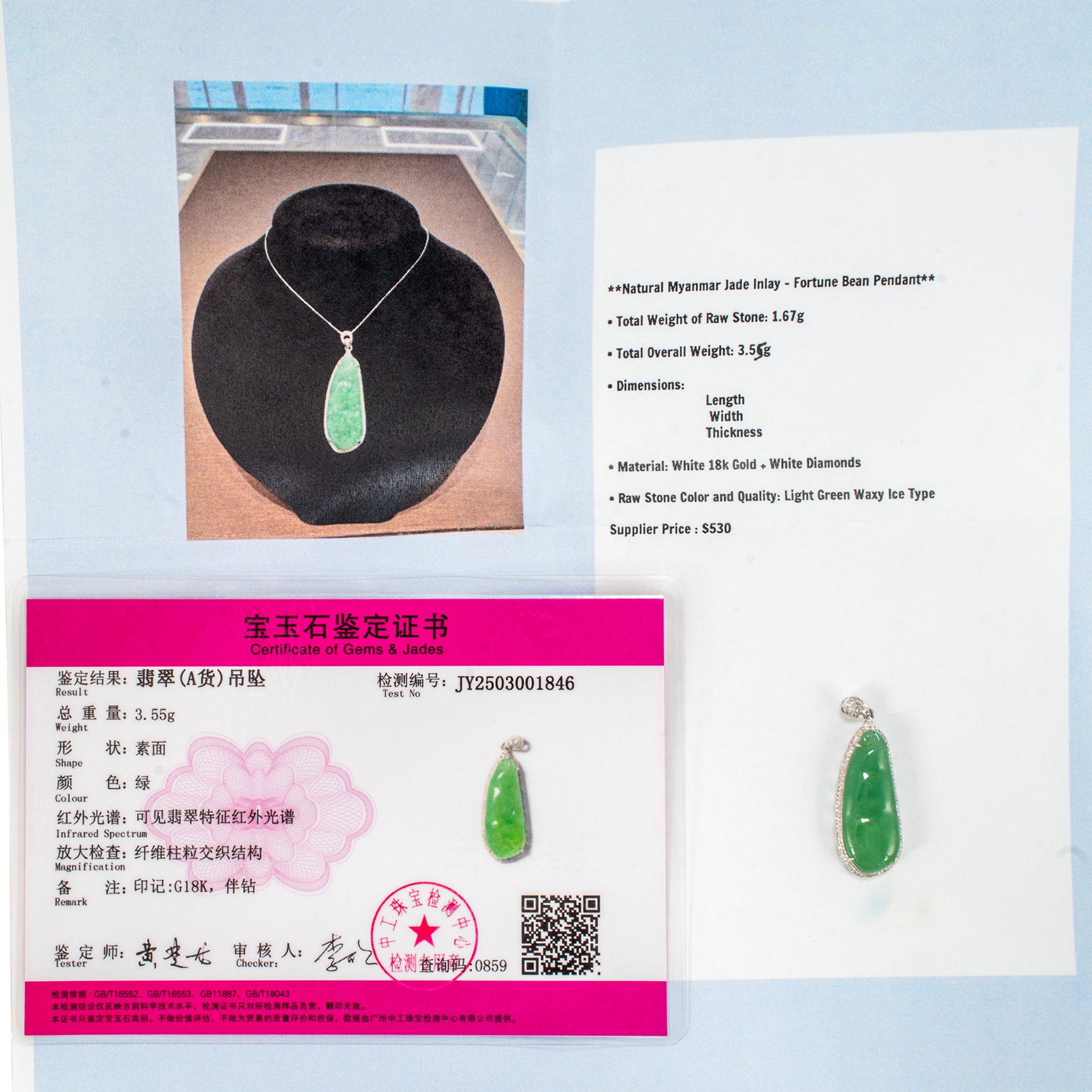 18K White Gold 8.35ct Green Myanmar Jadeite Jade Diamond Charm Pendant