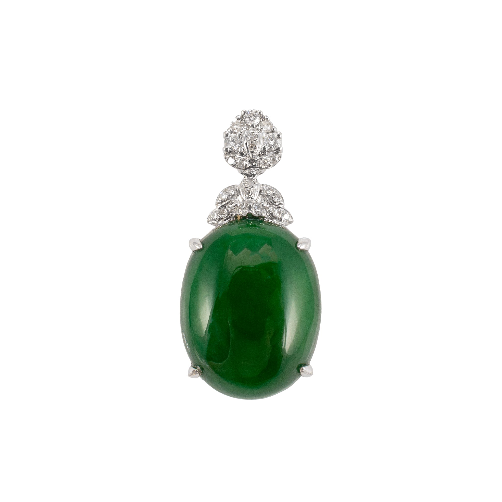 18K White Gold 6.50ct Egg Green Myanmar Jadeite Jade Diamond Charm Pendant