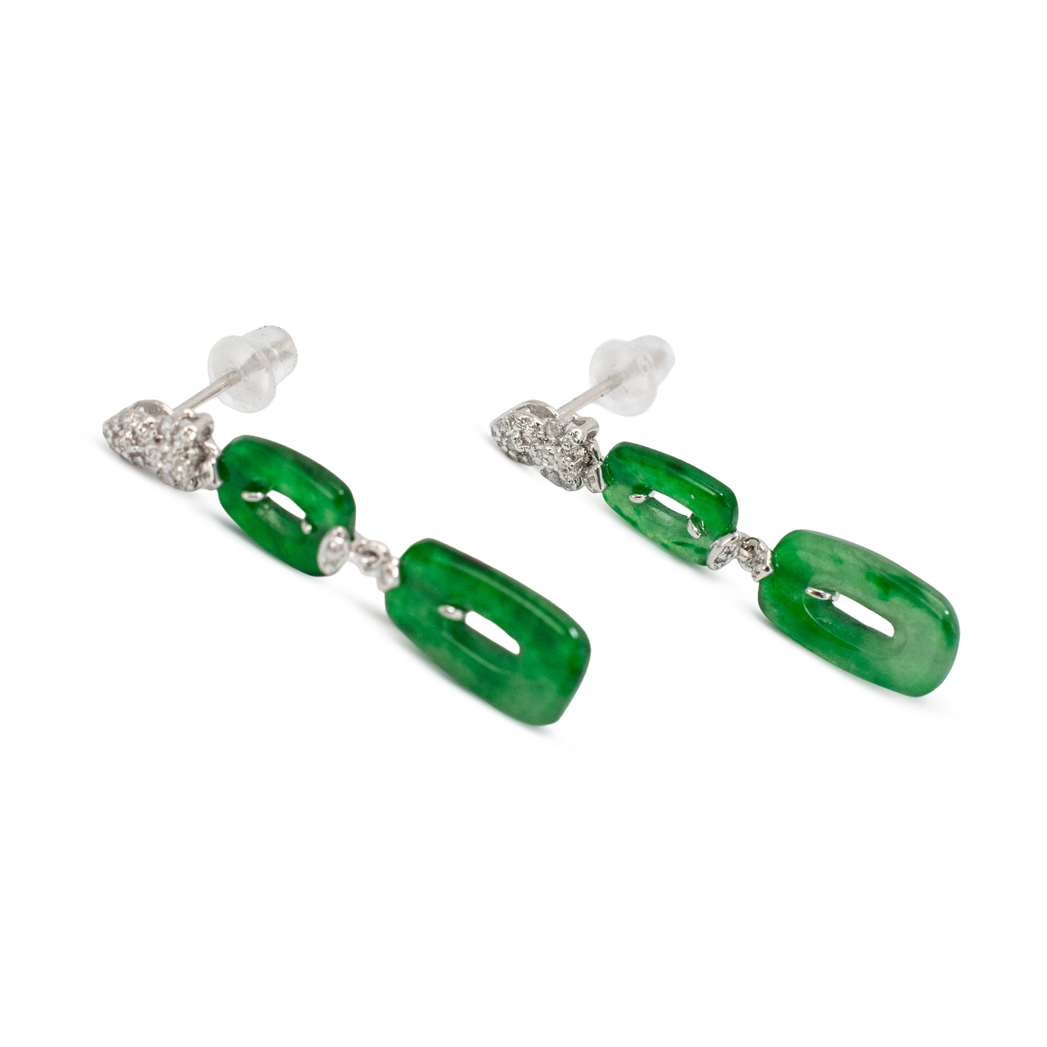 18K White Gold 2.50ct Green Myanmar Jadeite Jade Diamond Dangle Earrings