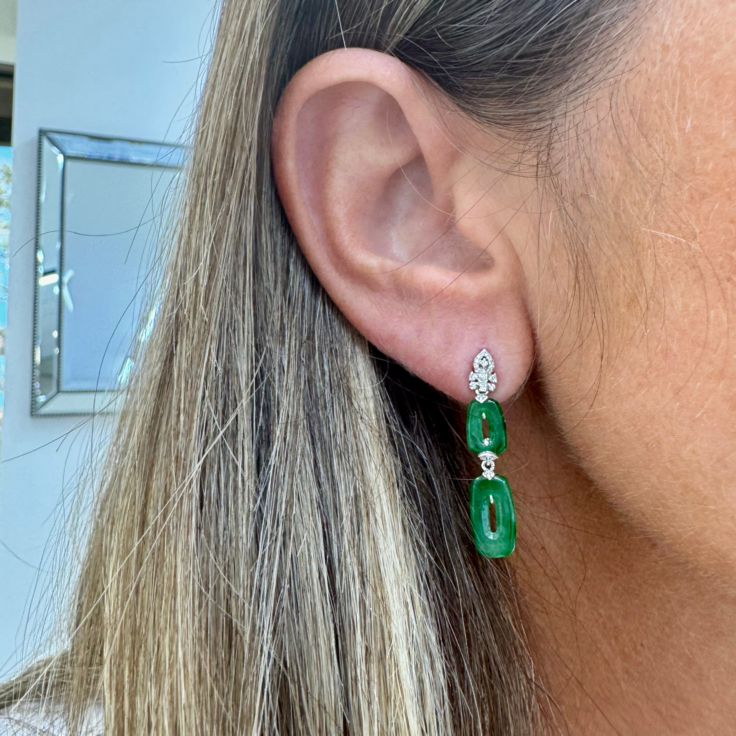 18K White Gold 2.50ct Green Myanmar Jadeite Jade Diamond Dangle Earrings