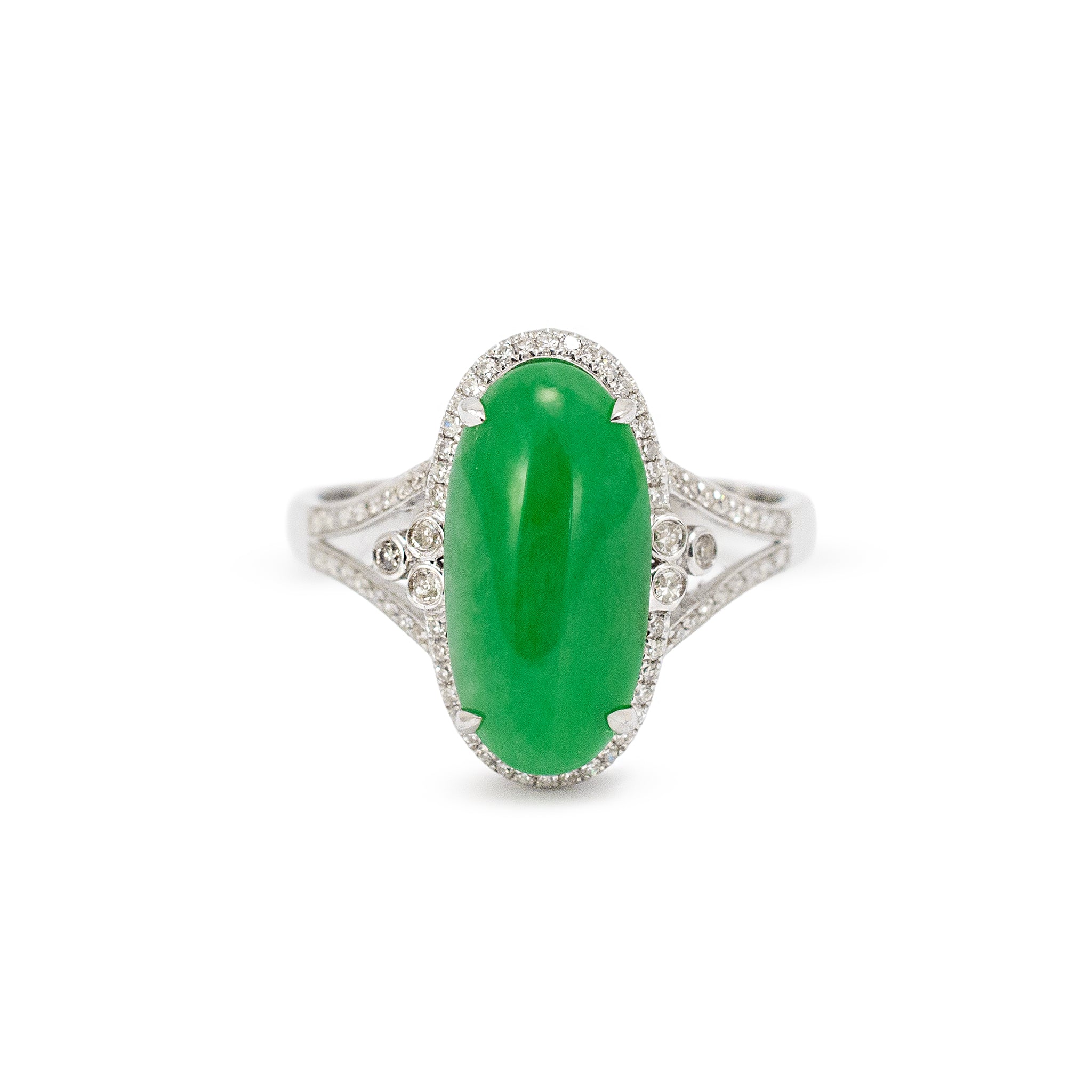 18K White Gold 3.40ct Delicate Green Jadeite Jade Diamond Cocktail Ring