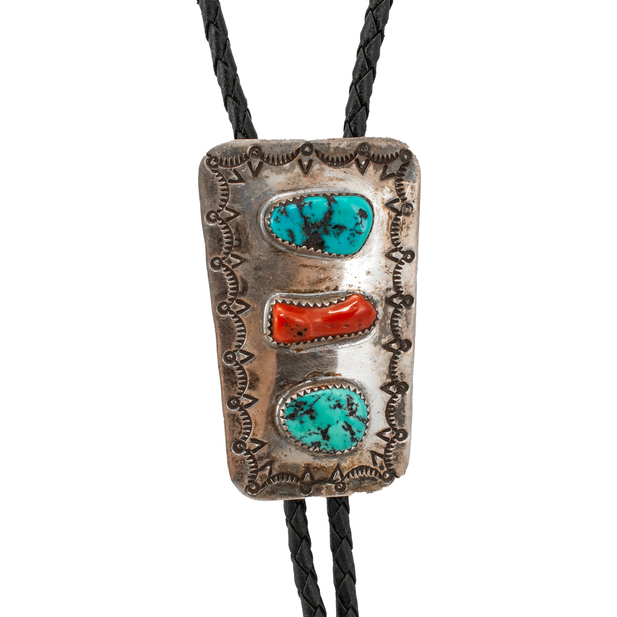 Vintage Native American Sterling Silver Turquoise Coral Snake Bolo Tie Necklace