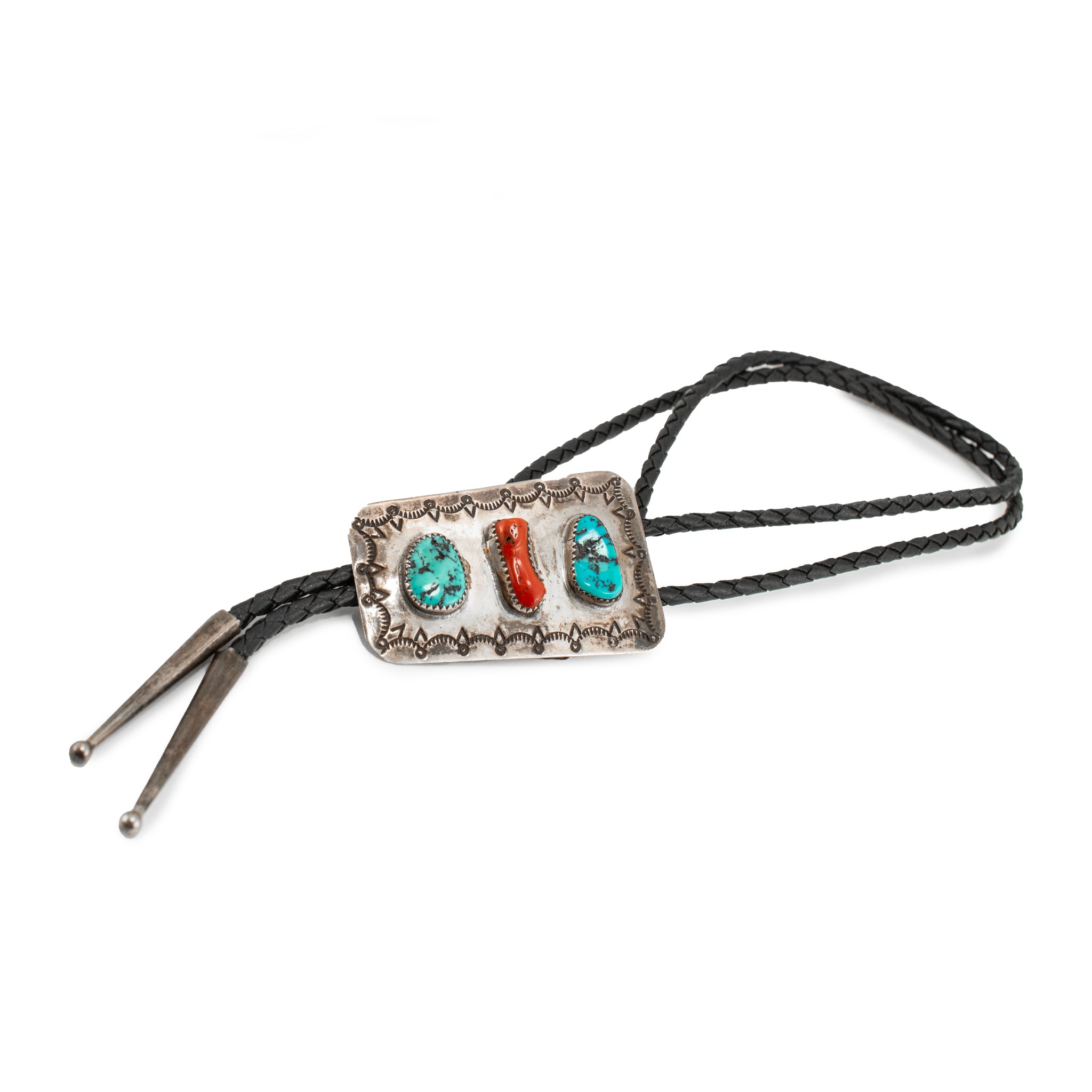 Vintage Native American Sterling Silver Turquoise Coral Snake Bolo Tie Necklace