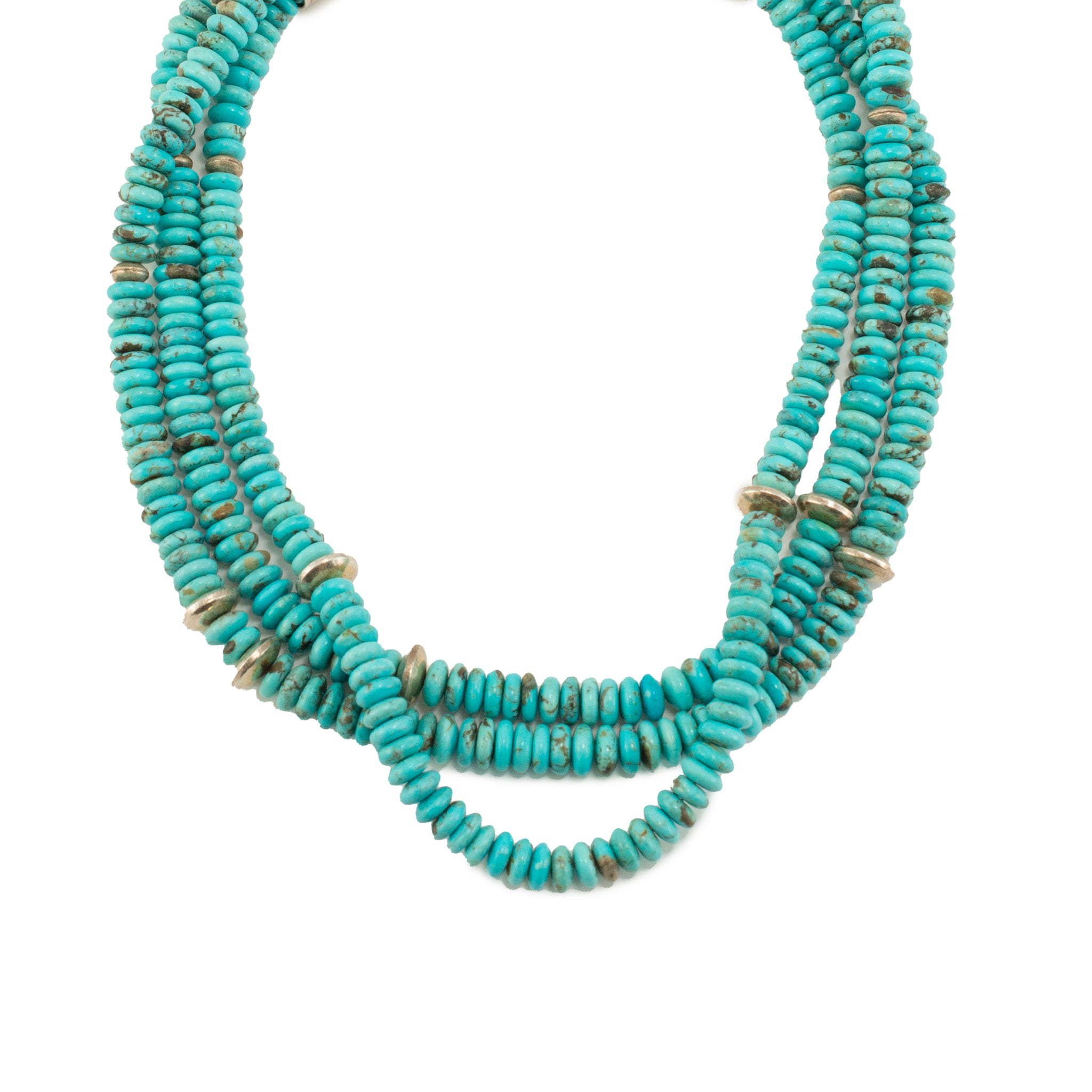 Vintage Native American Sterling Silver Turquoise Multi-Strand Bead Necklace