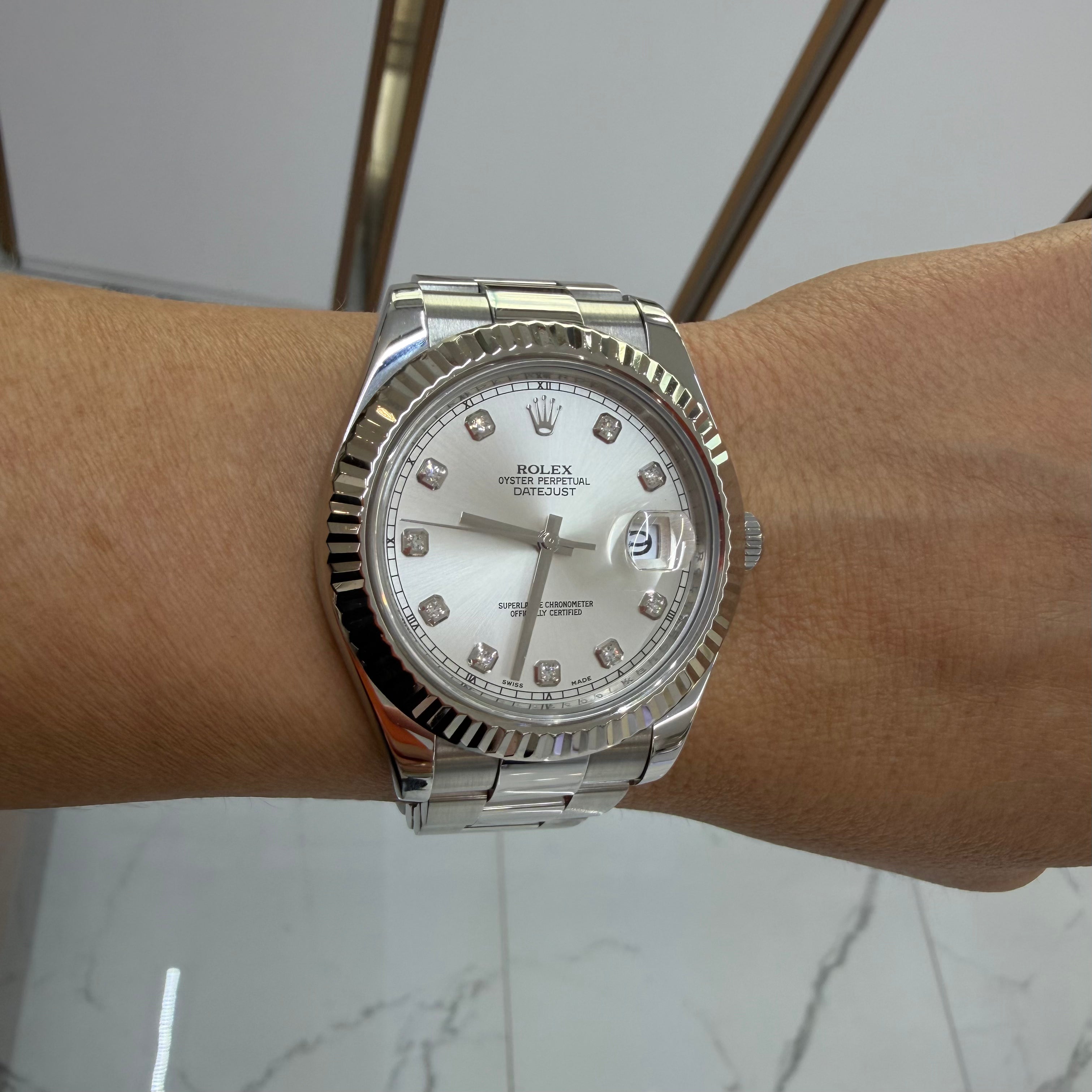 Rolex Datejust 41MM 116334 Fluted Oyster Silver Diamond Dial Steel Watch