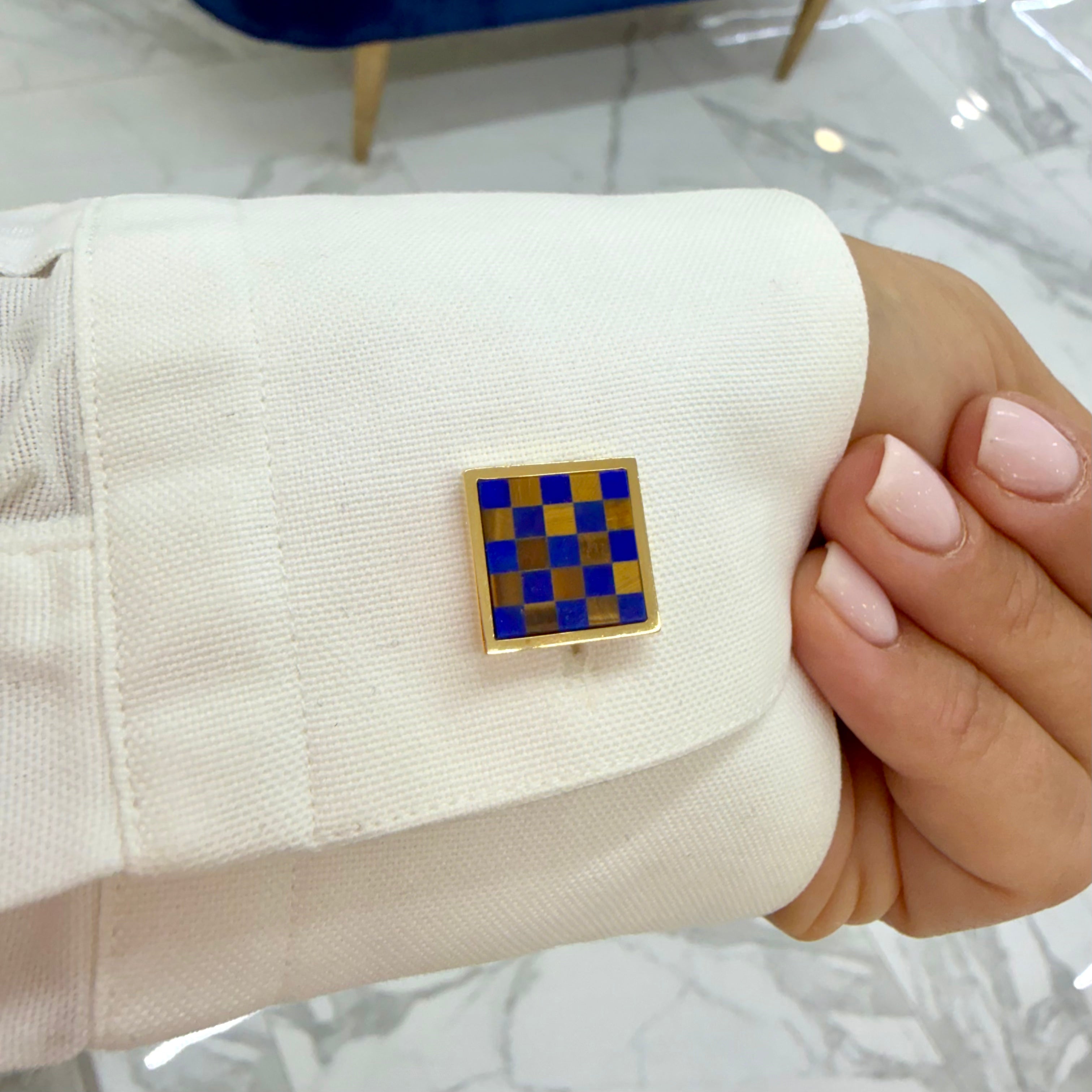 Men's Vintage Bvlgari 18K Gold Blue Lapis Brown Tiger’s Eye Checkers Cufflinks