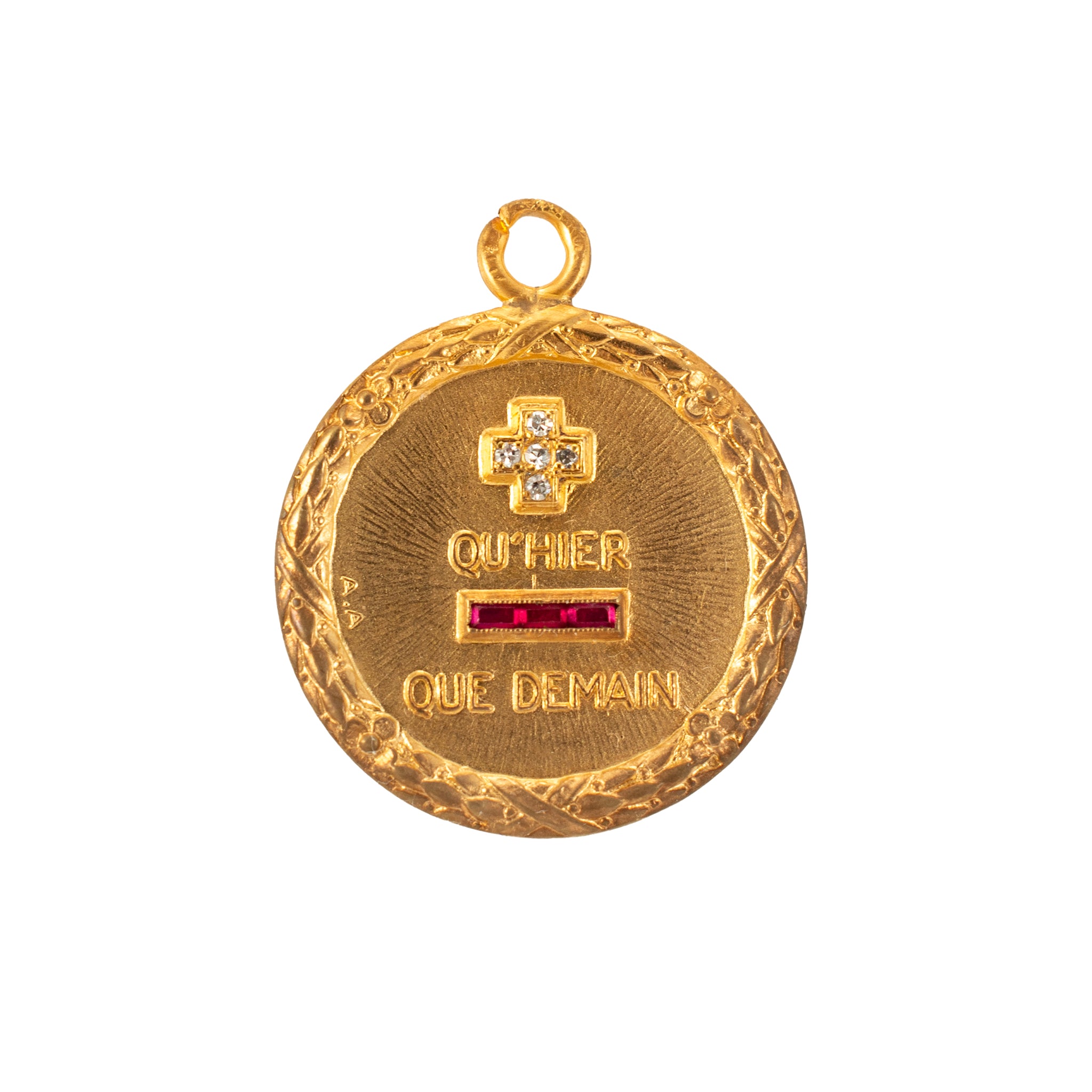 Vintage Cartier French Augis Love Medal 18K Gold Diamond Ruby Charm Pendant