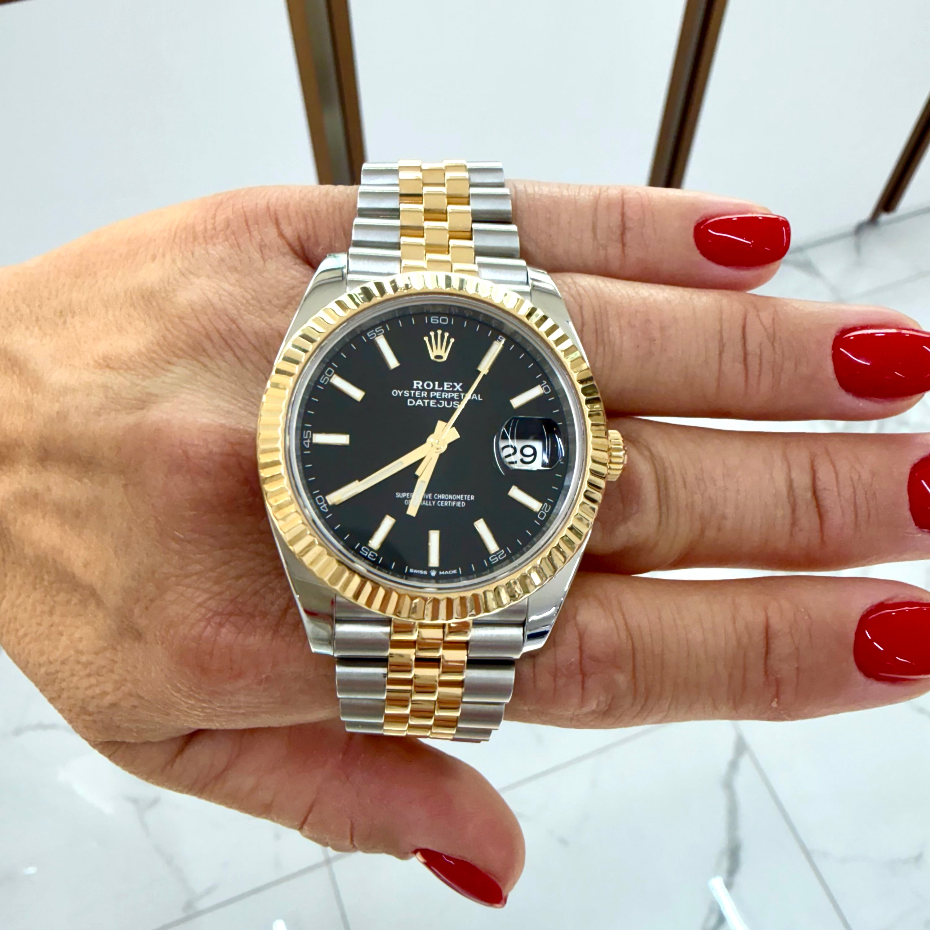 2024 Rolex Datejust 41MM 126333 Black Stick Dial Fluted Jubilee Gold Steel Watch