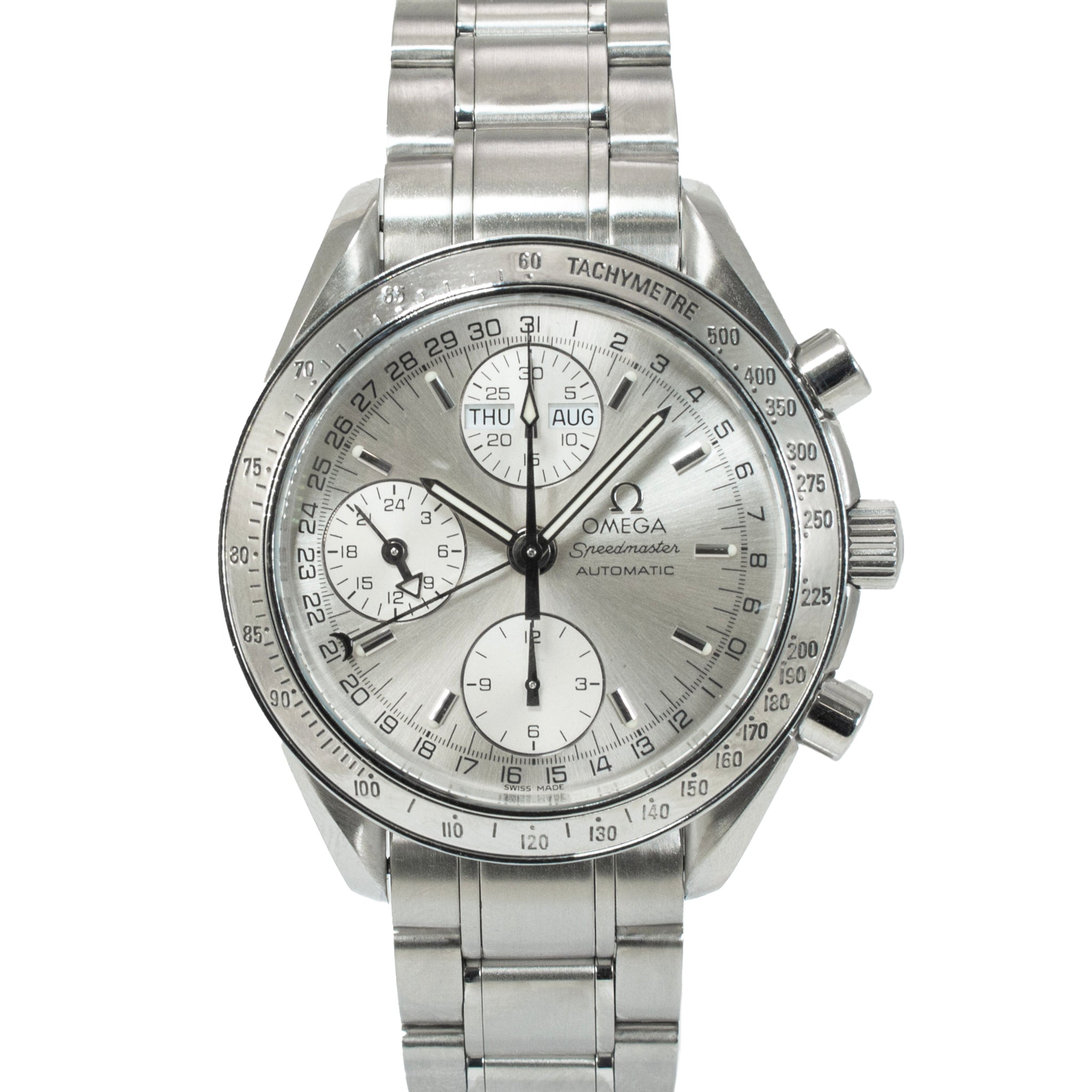 Omega Speedmaster Day Date 39MM 3523.30.00 Silver Calendar Chrono Steel Watch