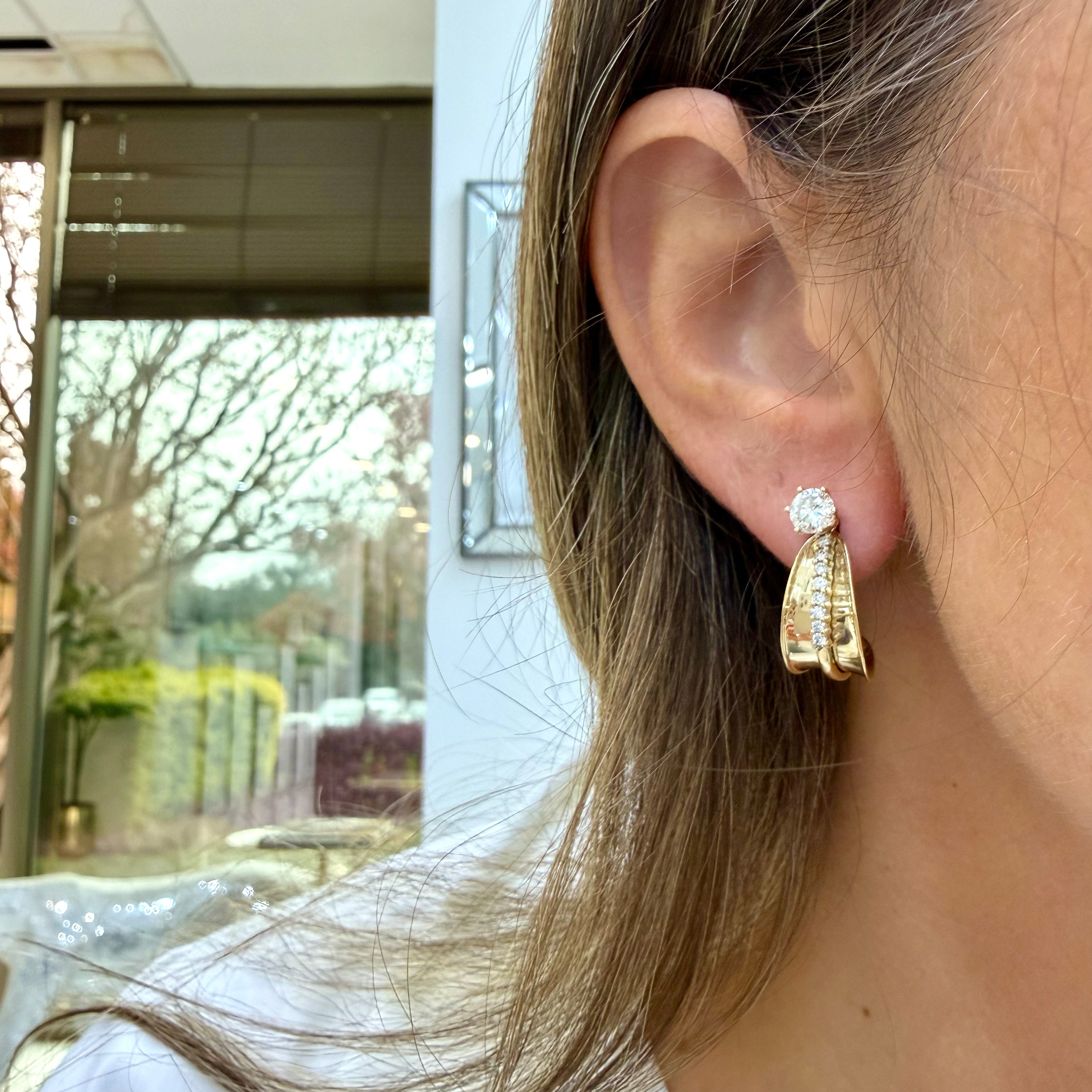 Vintage 14K Yellow Gold 1.43ct Diamond Stud Heggie Clip Dangle J Hoops Earrings