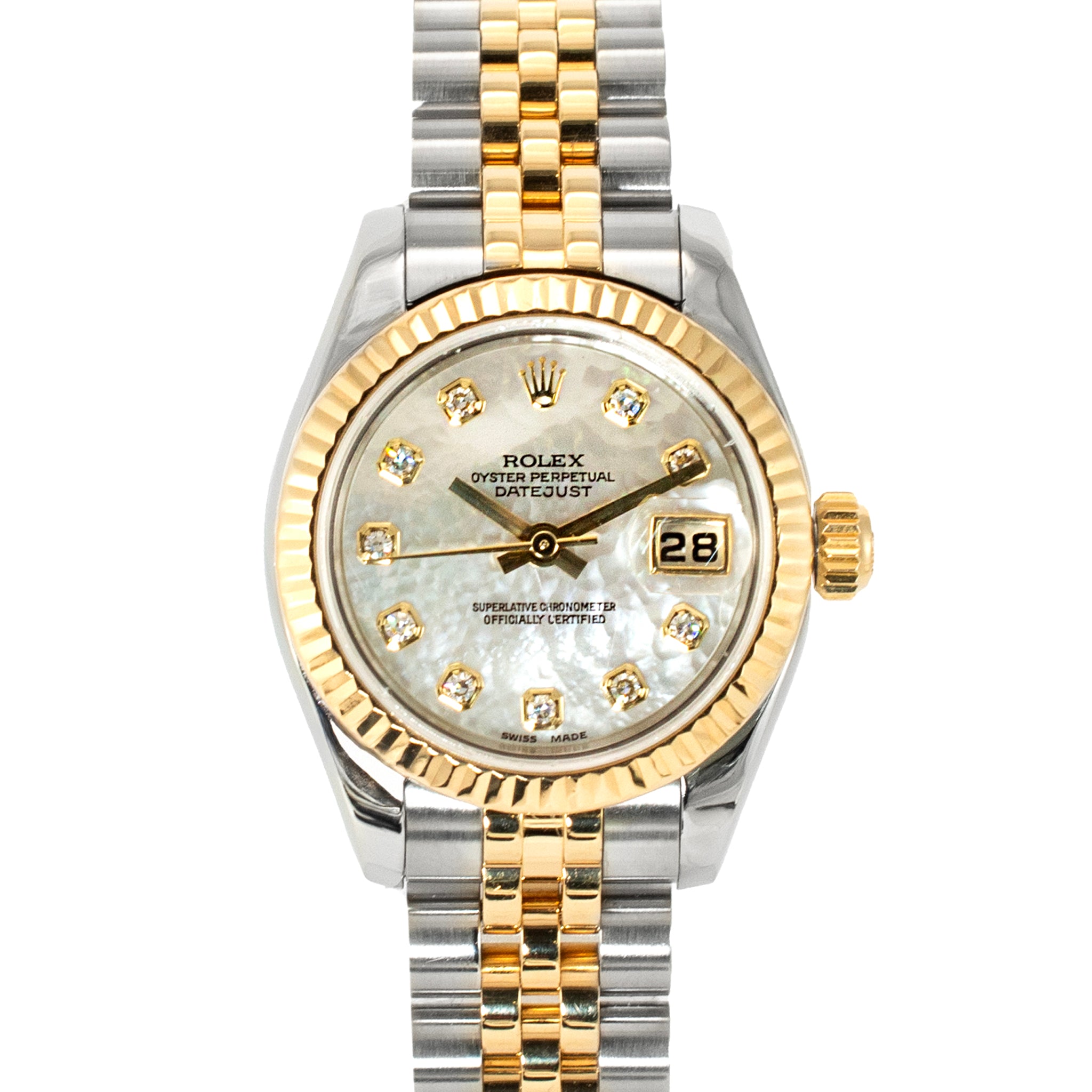 Rolex Ladies Datejust 26MM 179173 Mop Diamond Bezel Jubilee Gold Steel Watch