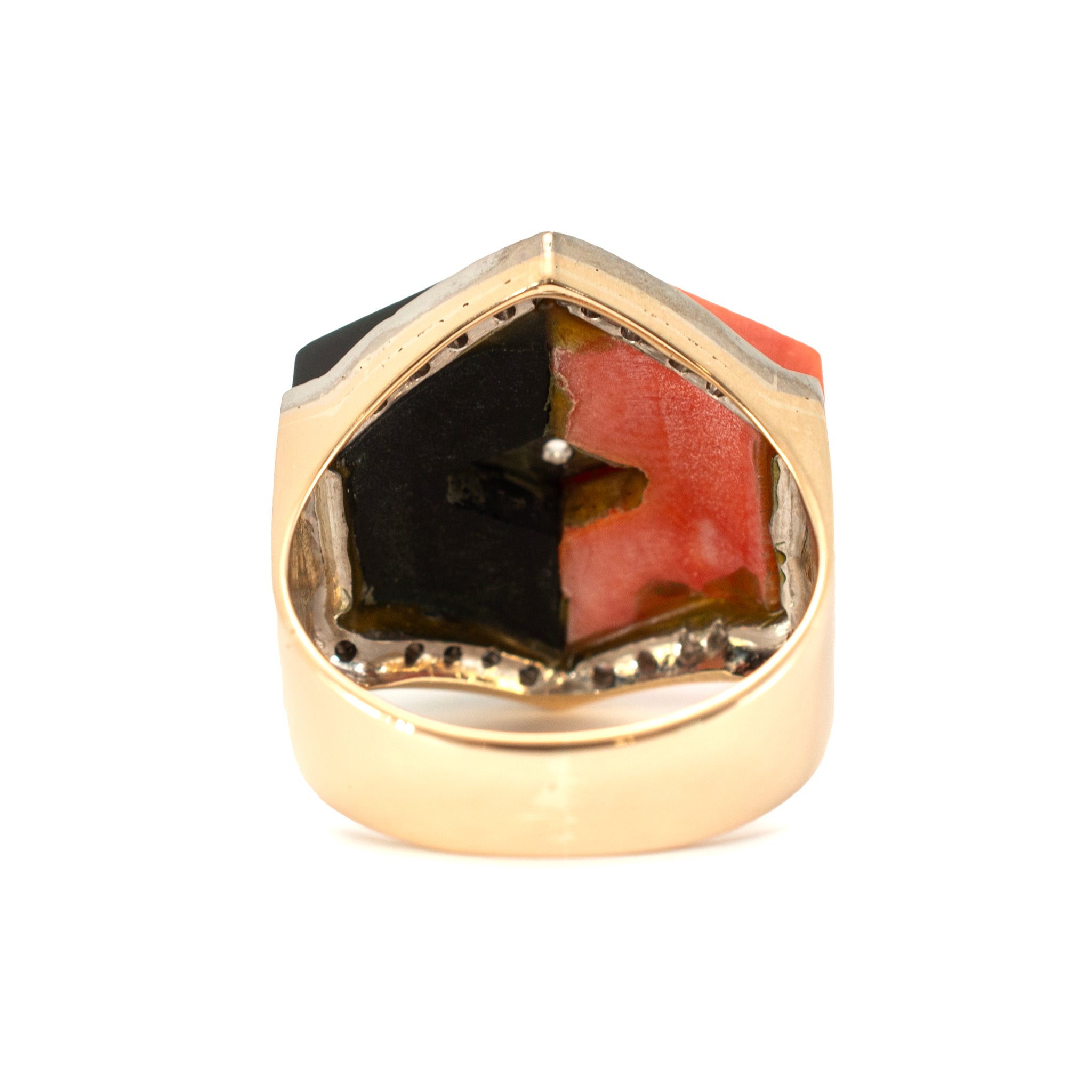 Vintage Ladies 14K Yellow Gold Coral Onyx Diamond Geometric Cocktail Ring