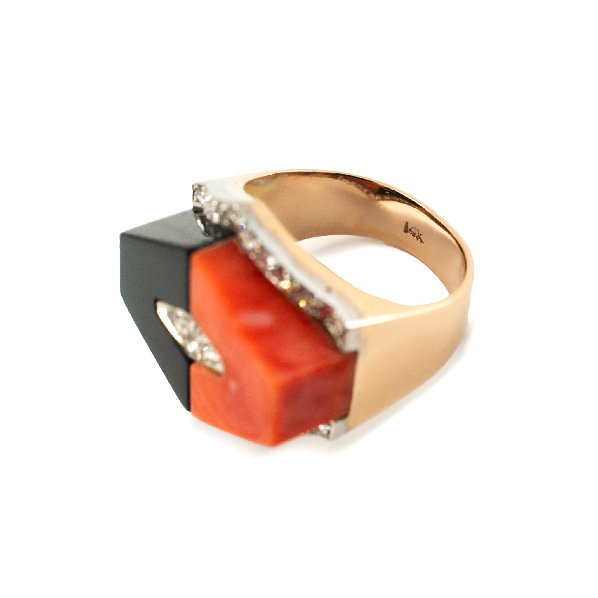 Vintage Ladies 14K Yellow Gold Coral Onyx Diamond Geometric Cocktail Ring