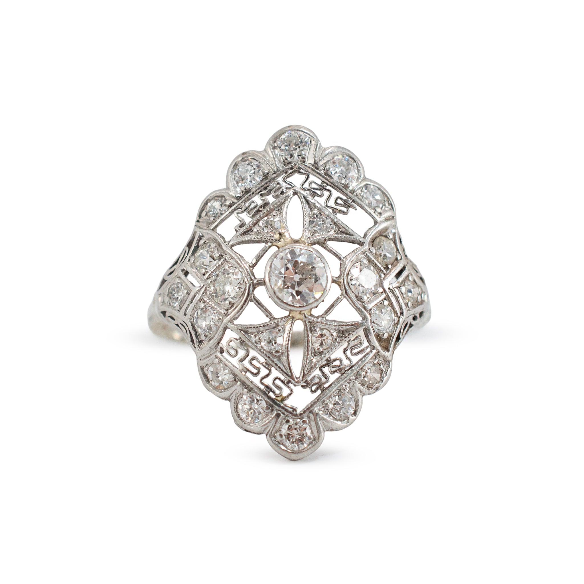 Antique Edwardian Platinum 14K White Gold 1.09ct Diamond Filigree Cocktail Ring