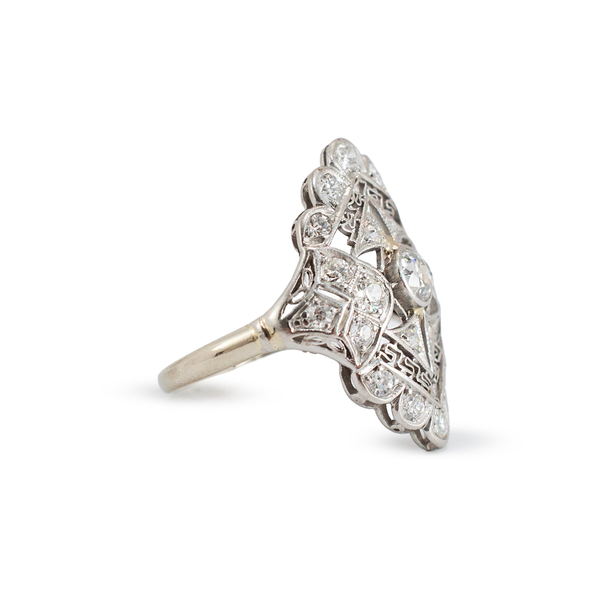 Antique Edwardian Platinum 14K White Gold 1.09ct Diamond Filigree Cocktail Ring