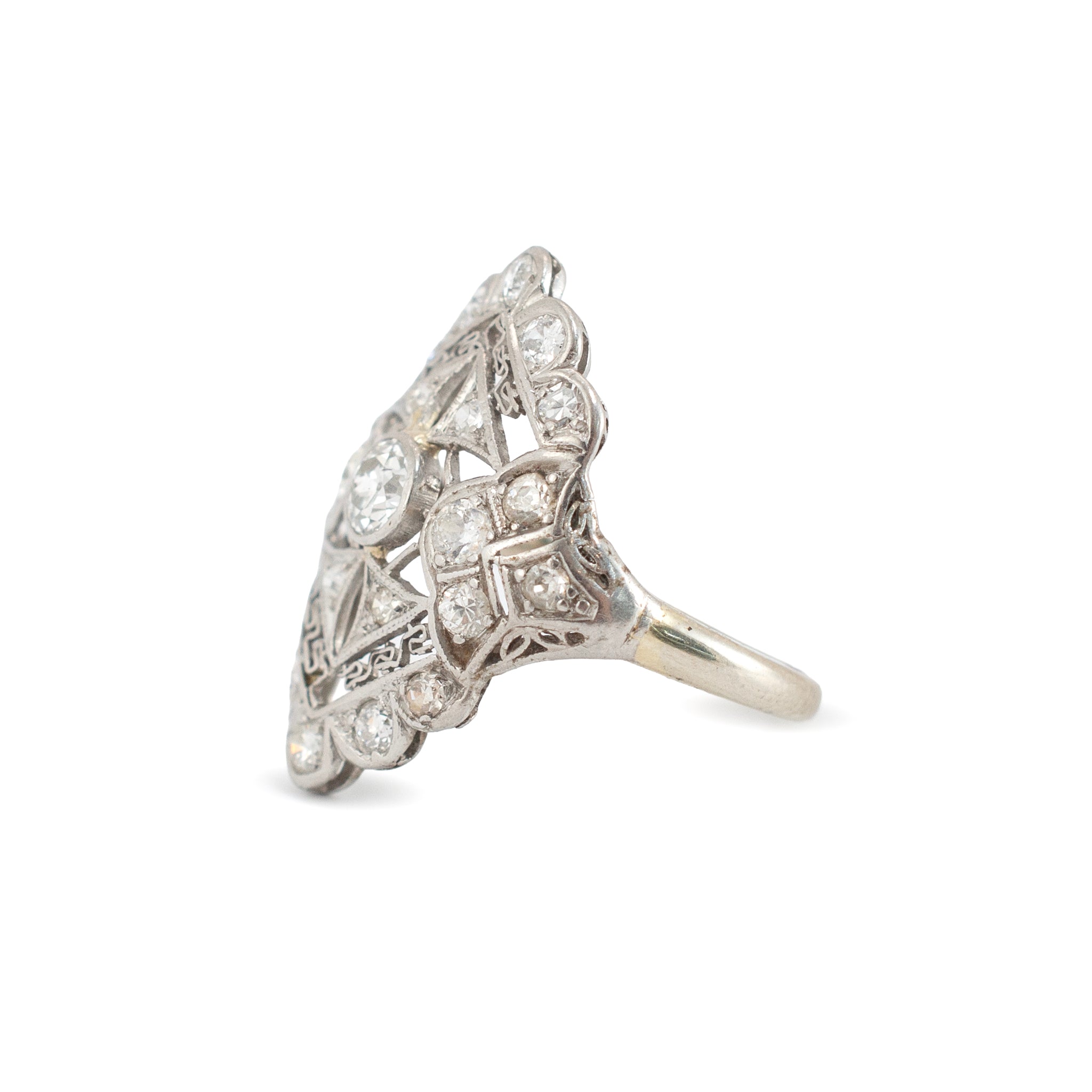 Antique Edwardian Platinum 14K White Gold 1.09ct Diamond Filigree Cocktail Ring