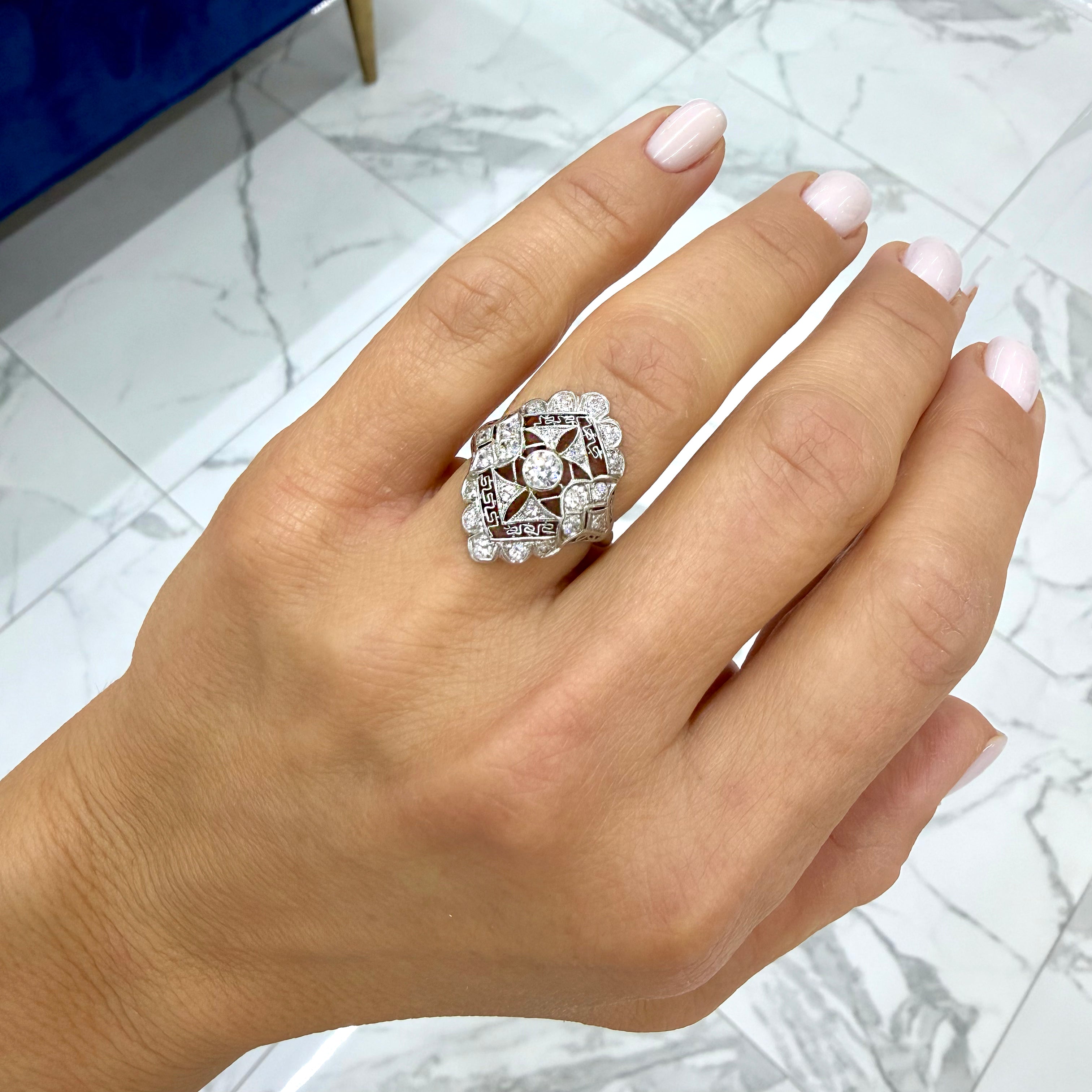 Antique Edwardian Platinum 14K White Gold 1.09ct Diamond Filigree Cocktail Ring