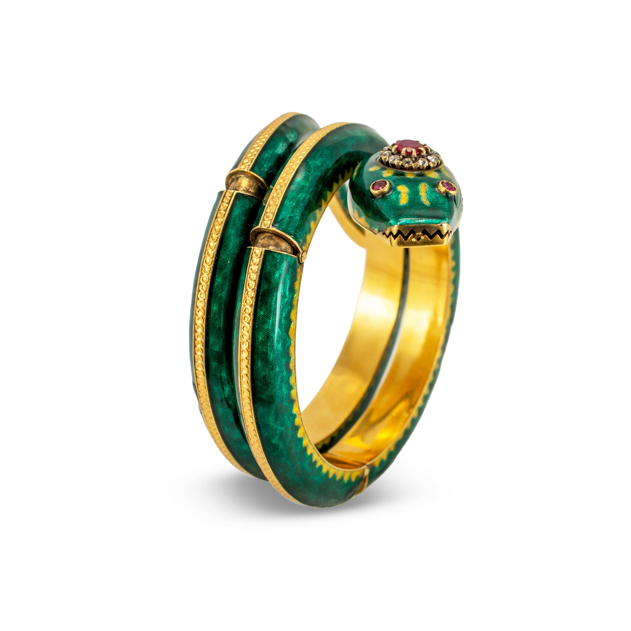 Vintage 18K Gold Old Diamond Ruby Green Enamel Snake Serpent Bangle Bracelet