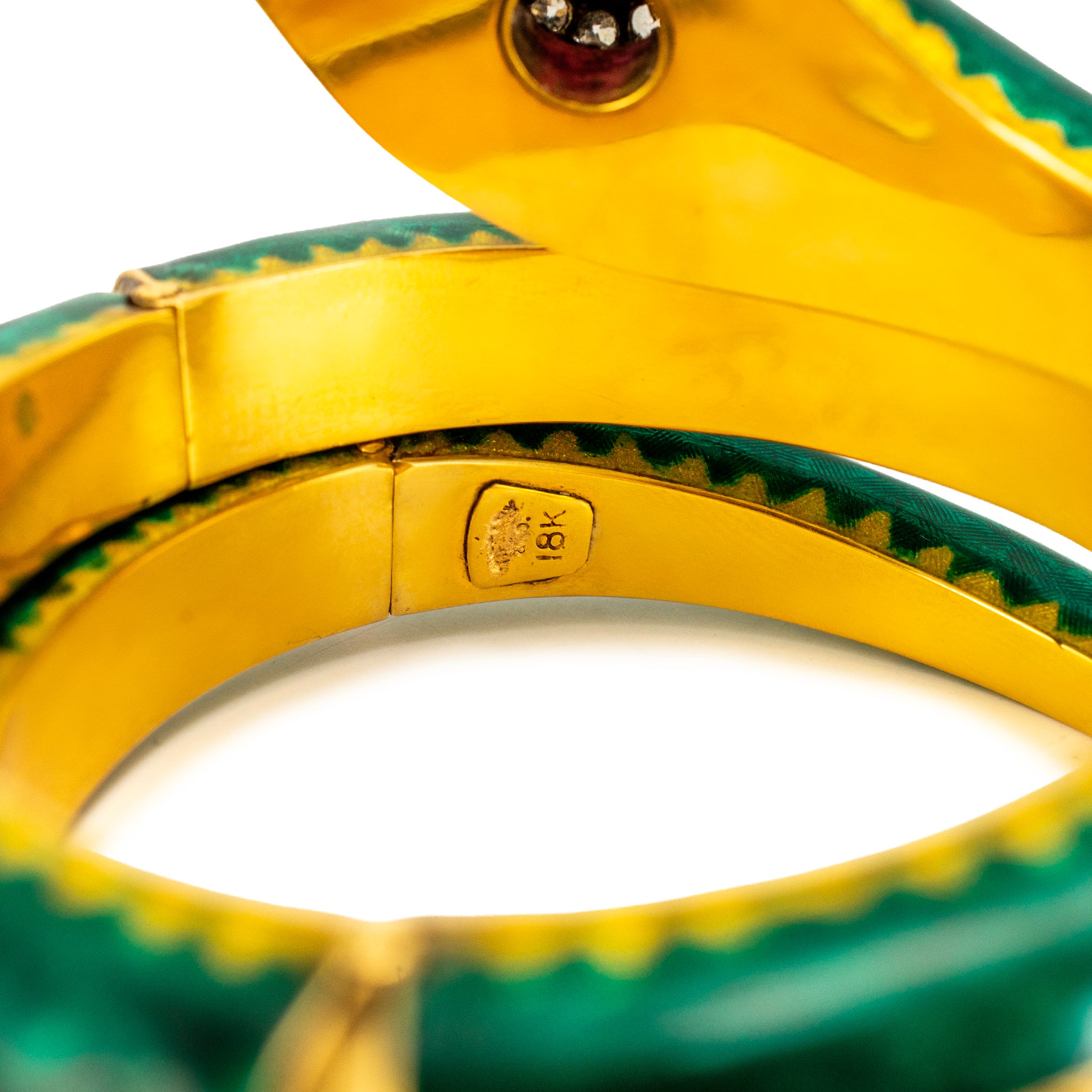 Vintage 18K Gold Old Diamond Ruby Green Enamel Snake Serpent Bangle Bracelet