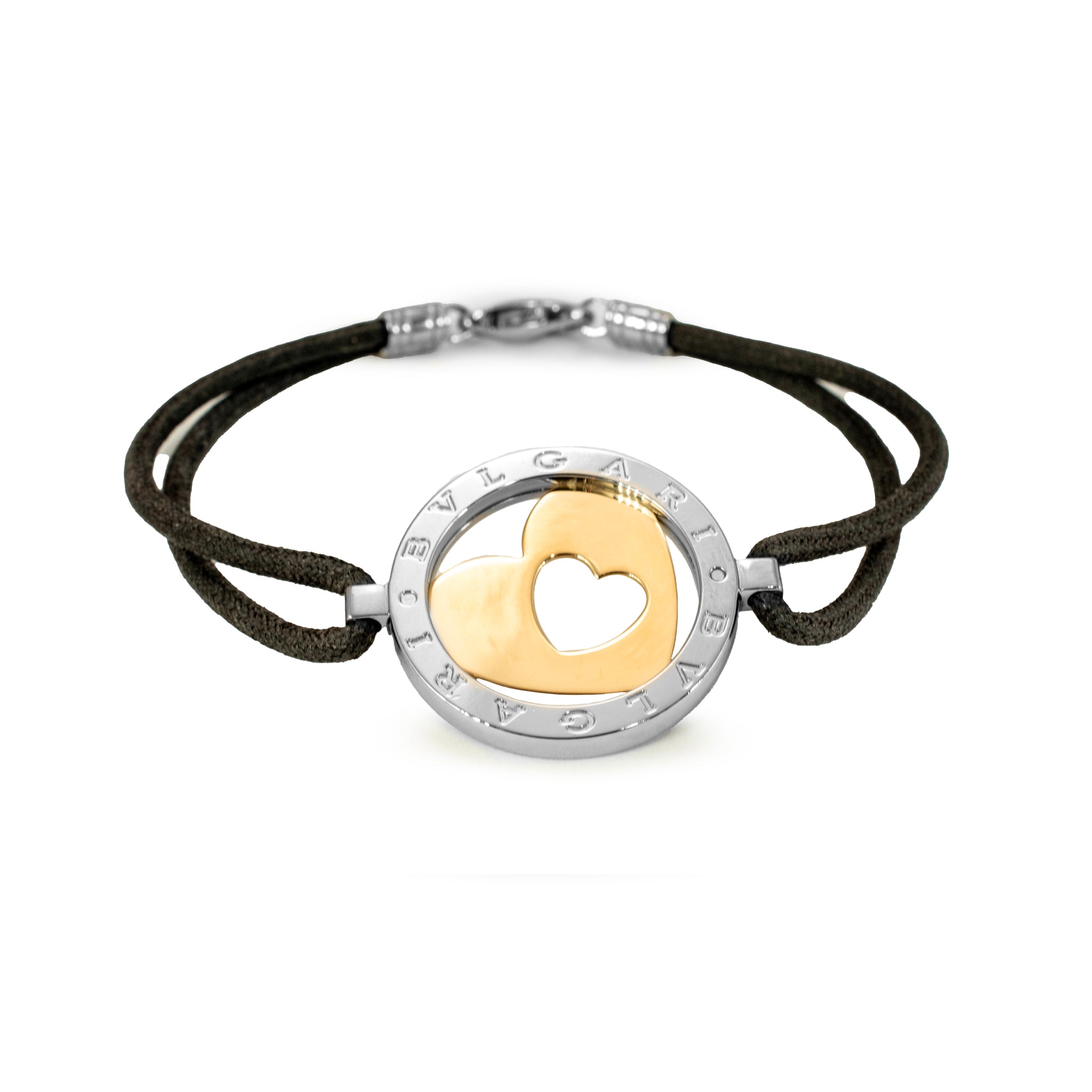 Bvlgari Tondo 18K Yellow Gold Steel Black Leather Two Tone Heart Bracelet
