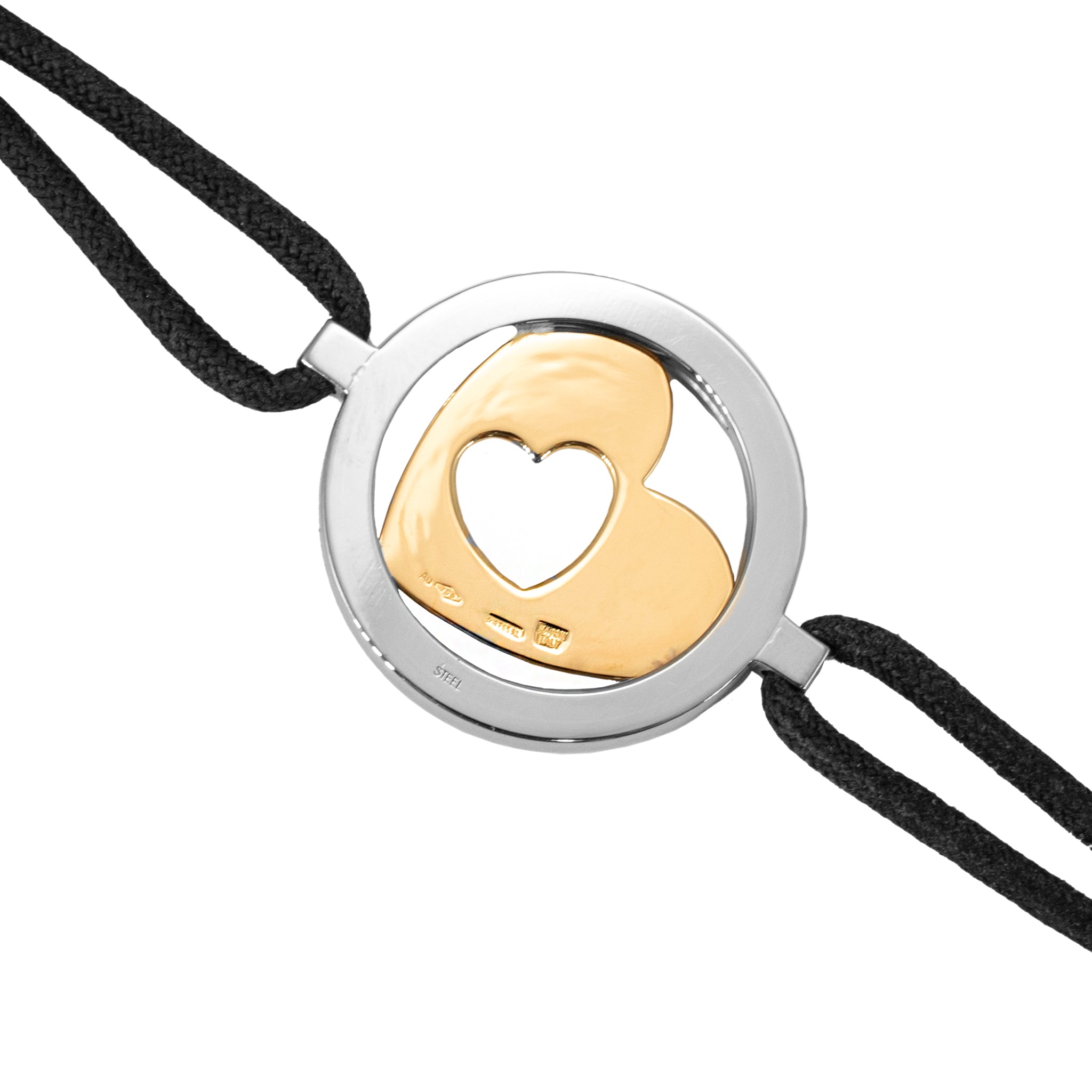 Bvlgari Tondo 18K Yellow Gold Steel Black Leather Two Tone Heart Bracelet