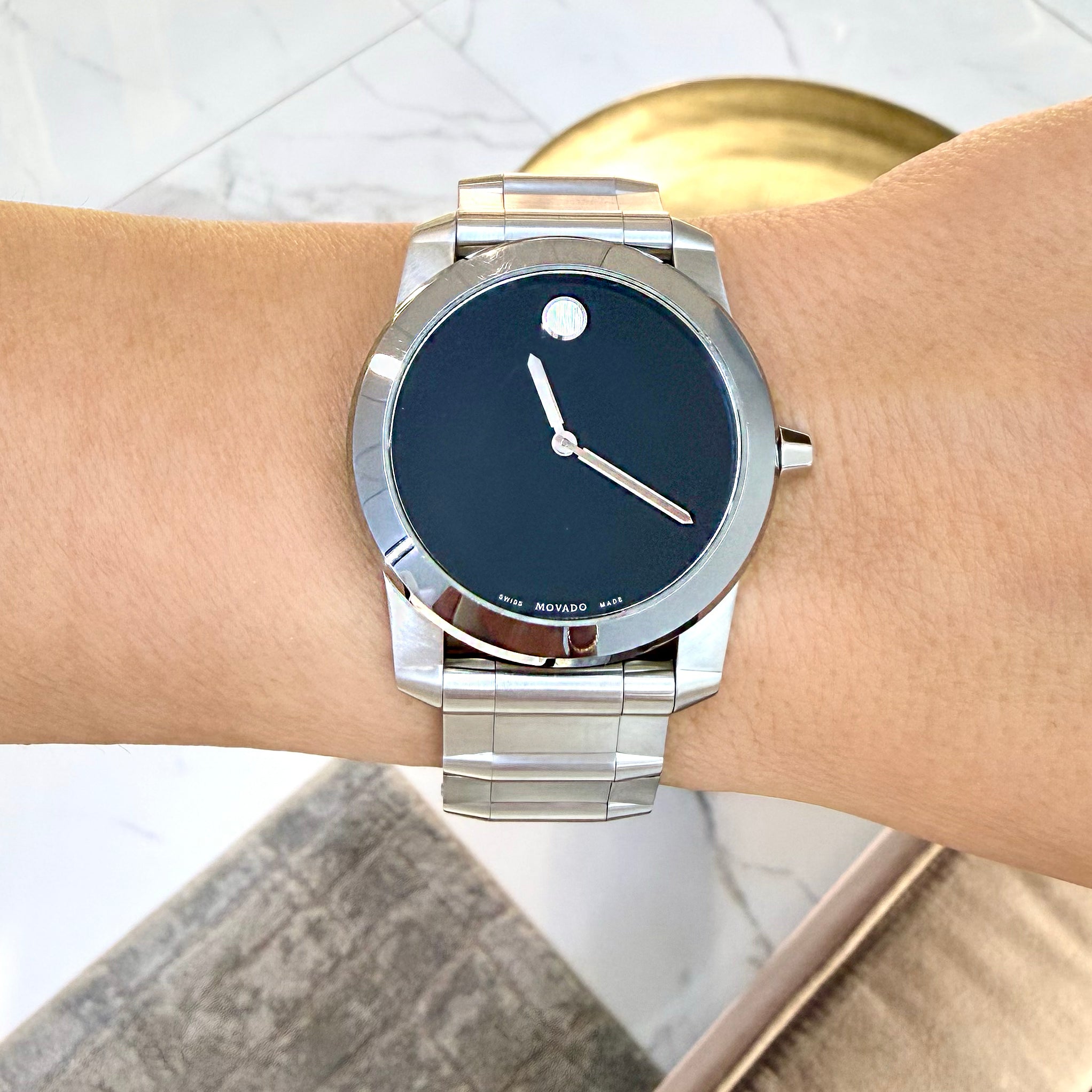 Movado Vizio 34MM 0605808 Black Onyx Stainless Steel Quartz Watch