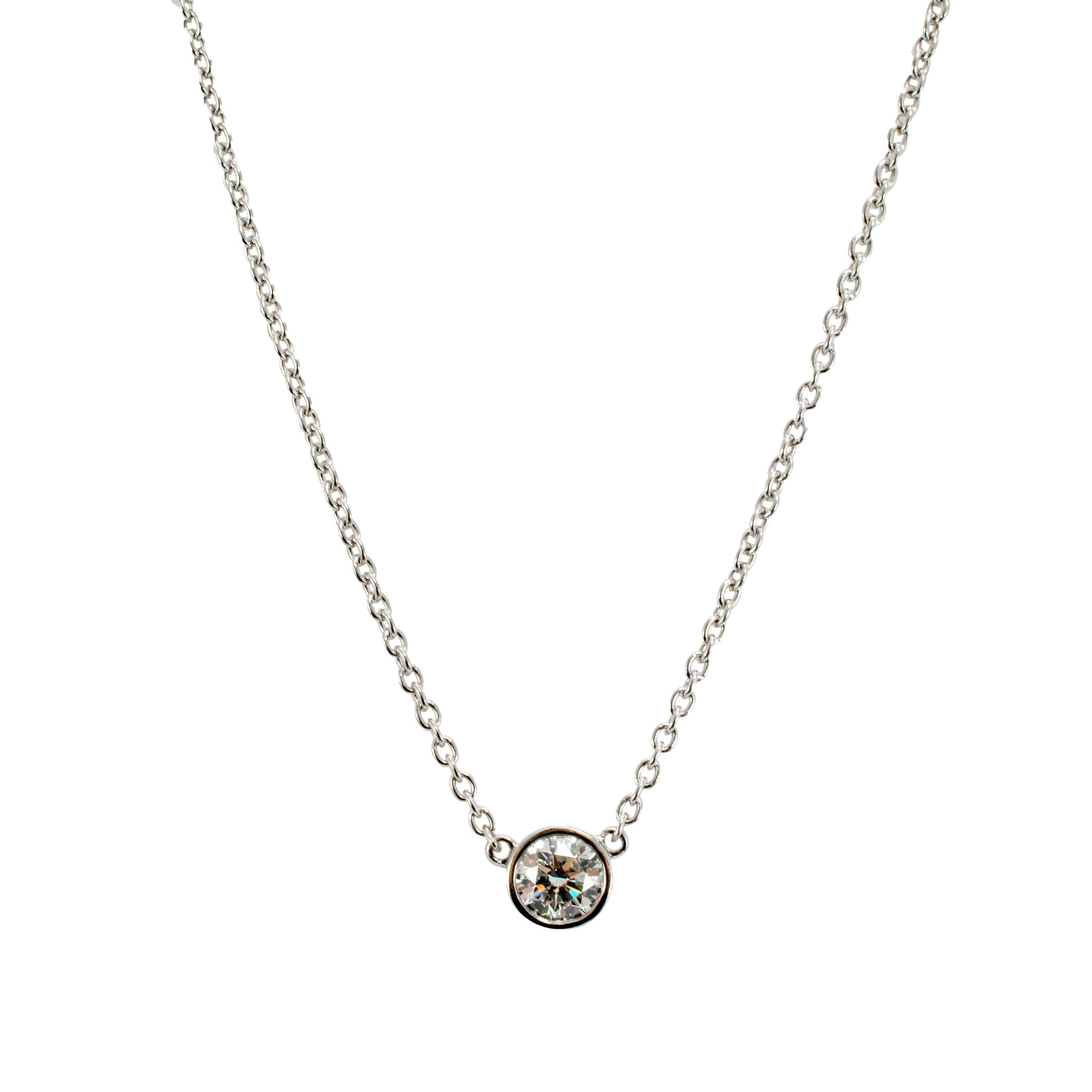Ladies 14K White Gold 1.03ct Bezel Set Round Diamond Solitaire Pendant Necklace