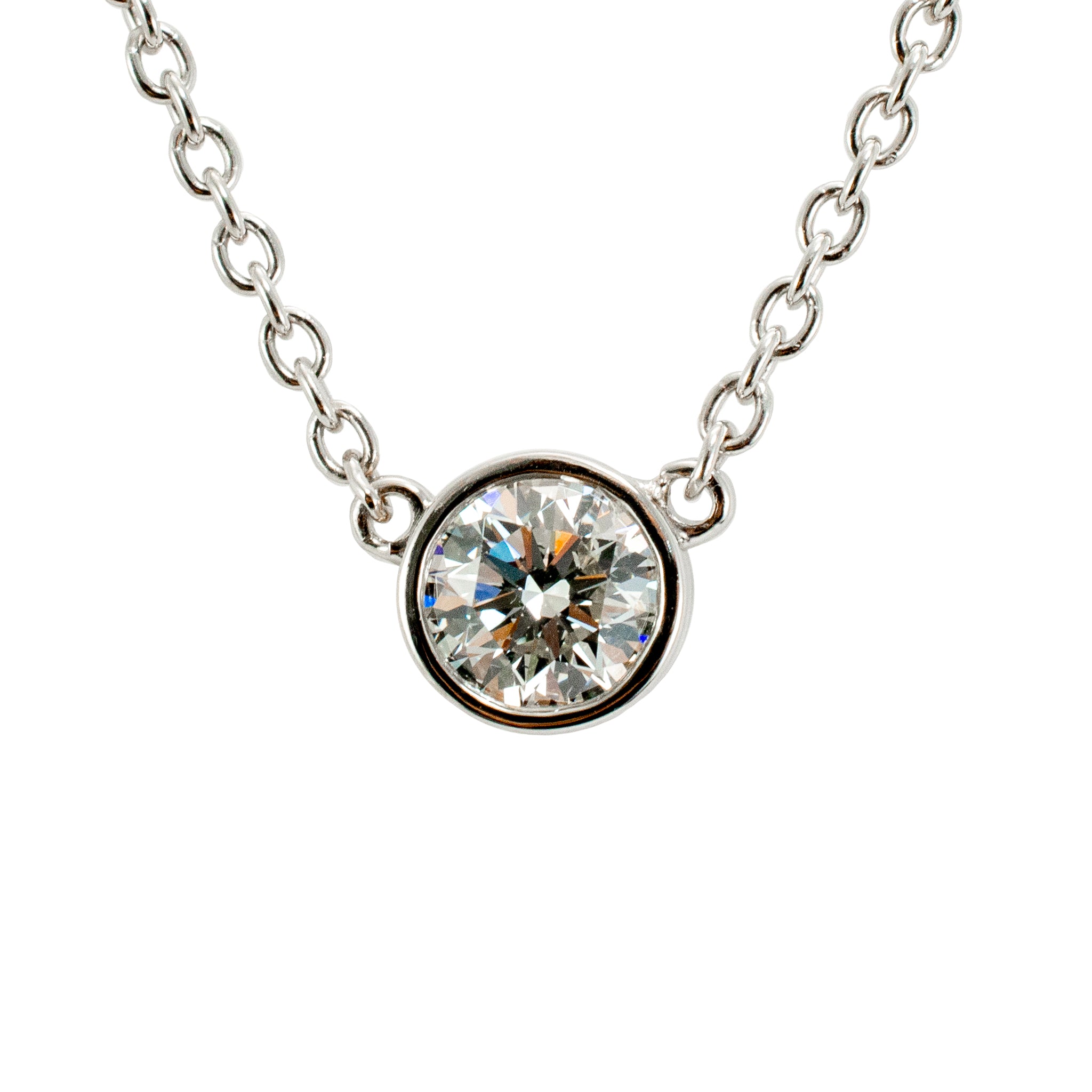 Ladies 14K White Gold 1.03ct Bezel Set Round Diamond Solitaire Pendant Necklace