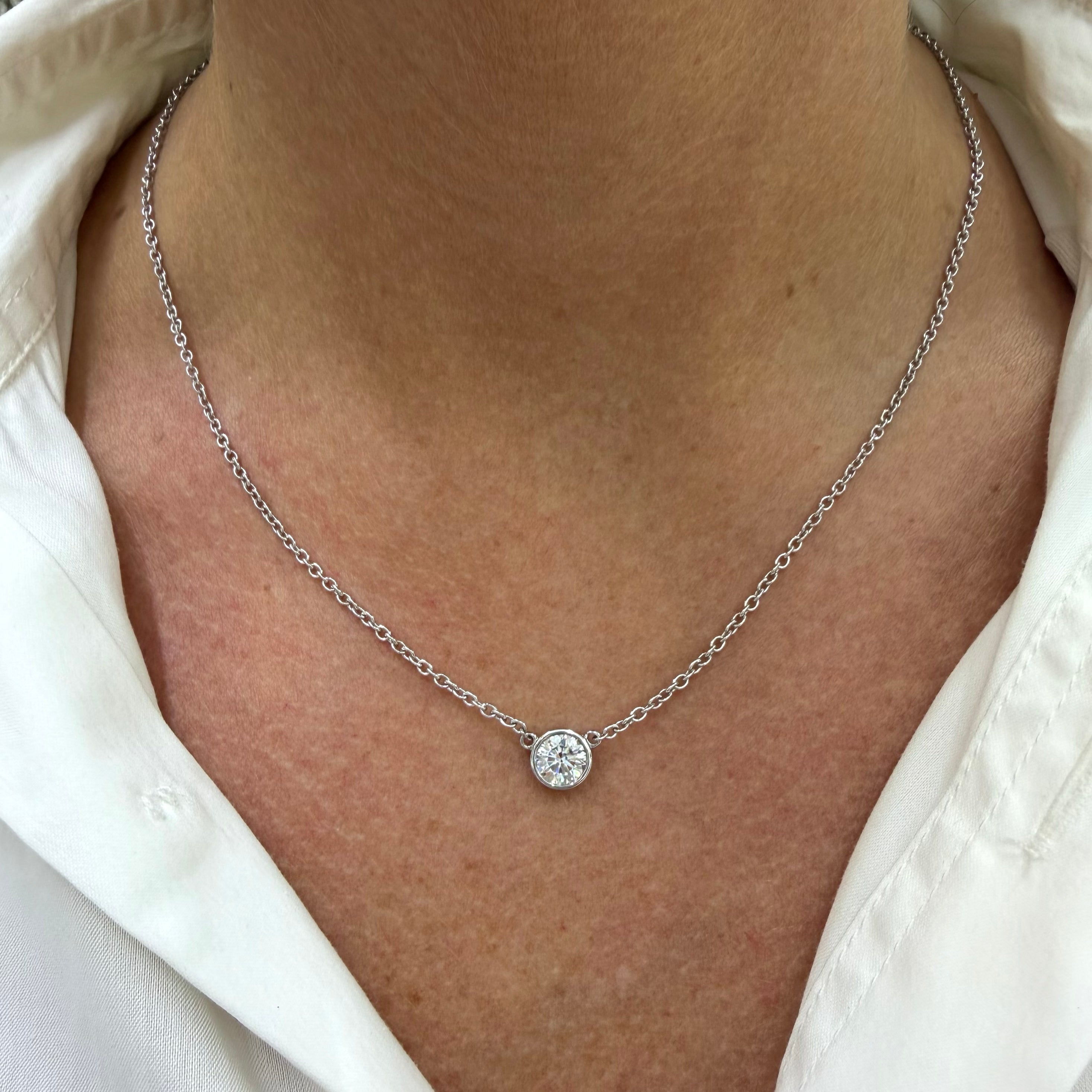 Ladies 14K White Gold 1.03ct Bezel Set Round Diamond Solitaire Pendant Necklace