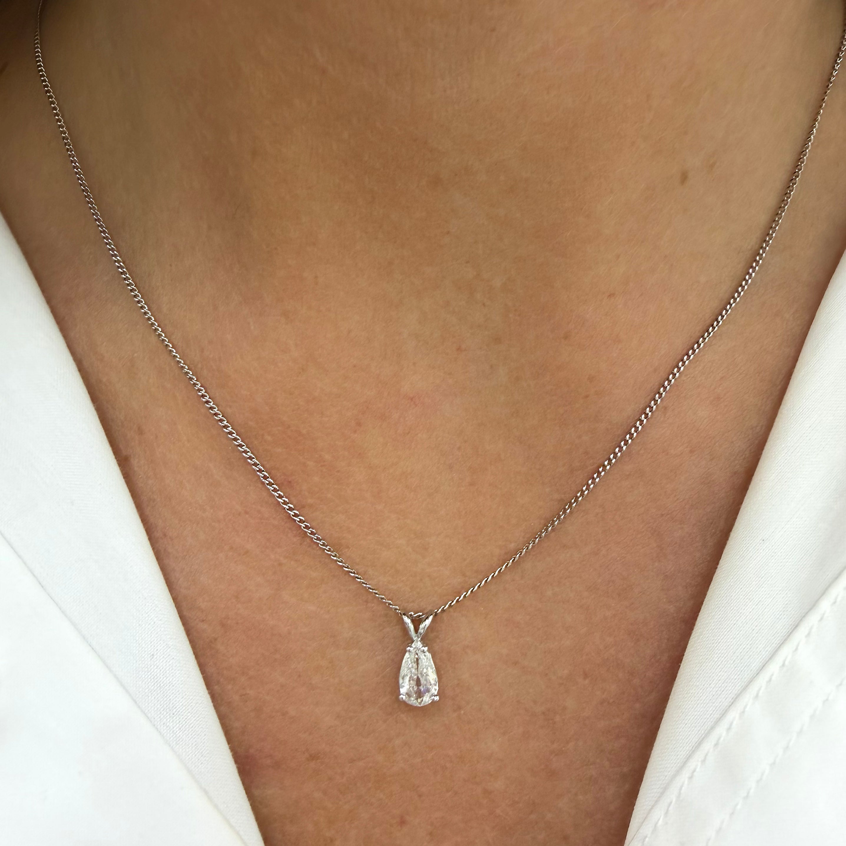 14K White Gold Antique Cut 0.50ct Pear Shape Diamond Solitaire Pendant Necklace