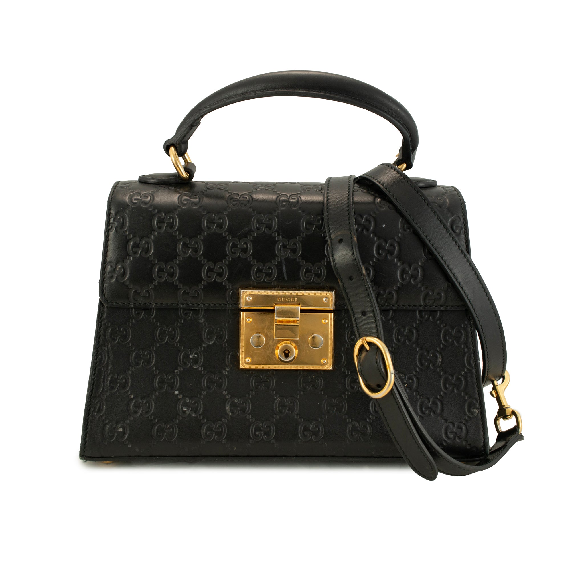 Gucci Gg Signature Black Gold-Hardware Padlock Top Handle Bag