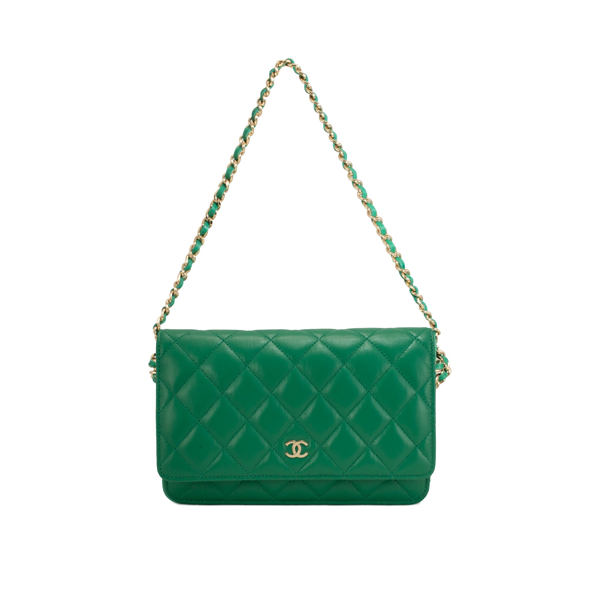 Chanel Classic Quilted Green Lambskin Wallet on Chain With Gold Hardware Bag