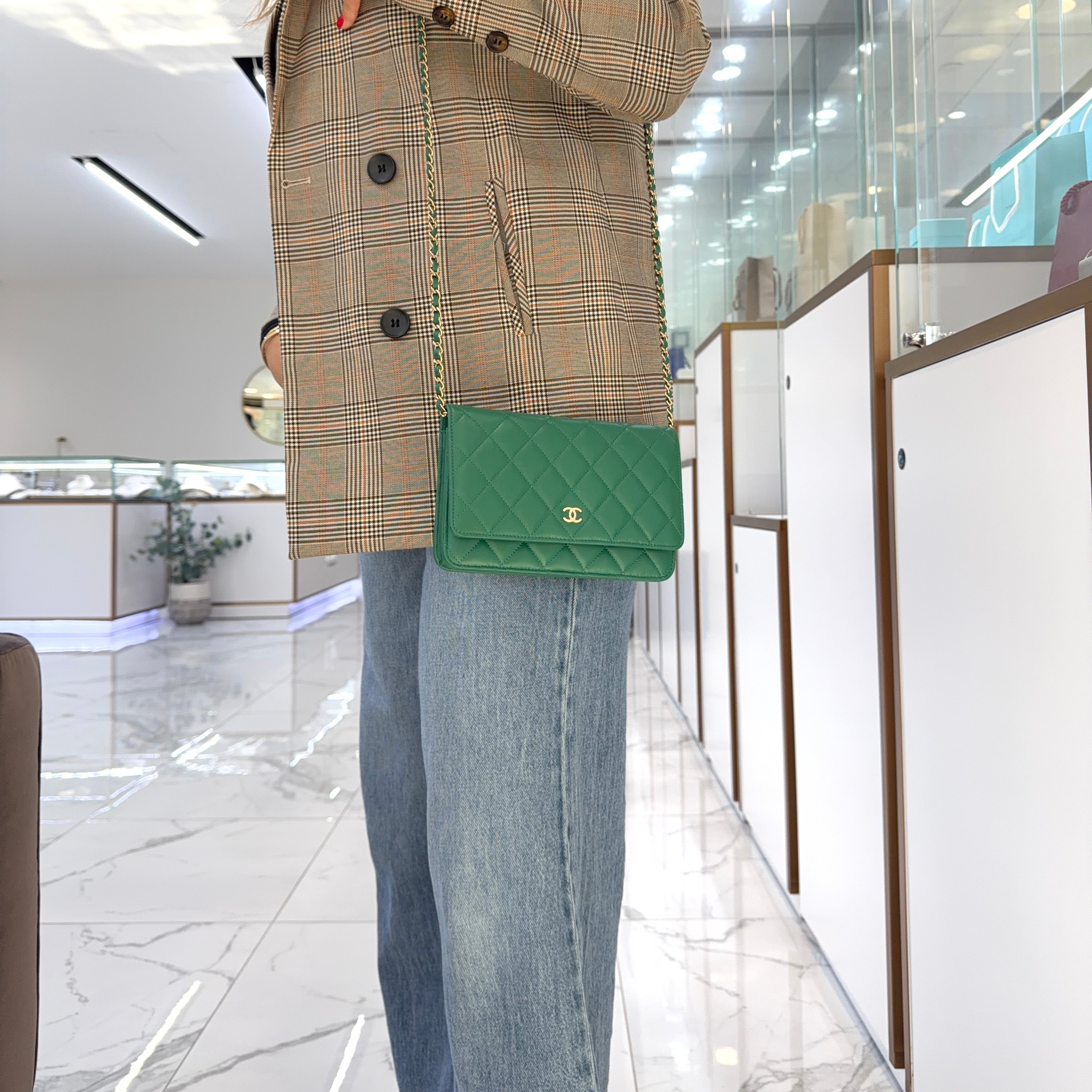 Chanel Classic Quilted Green Lambskin Wallet on Chain With Gold Hardware Bag