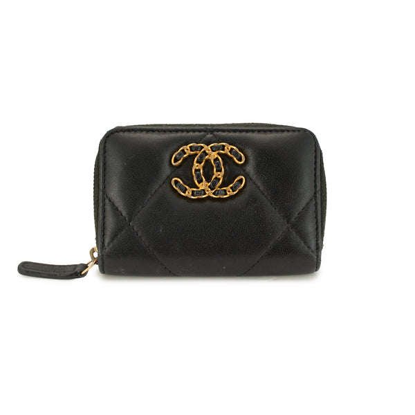 Chanel Lambskin Black Quilted Chanel 19 Zip Around Purse Wallet Bag