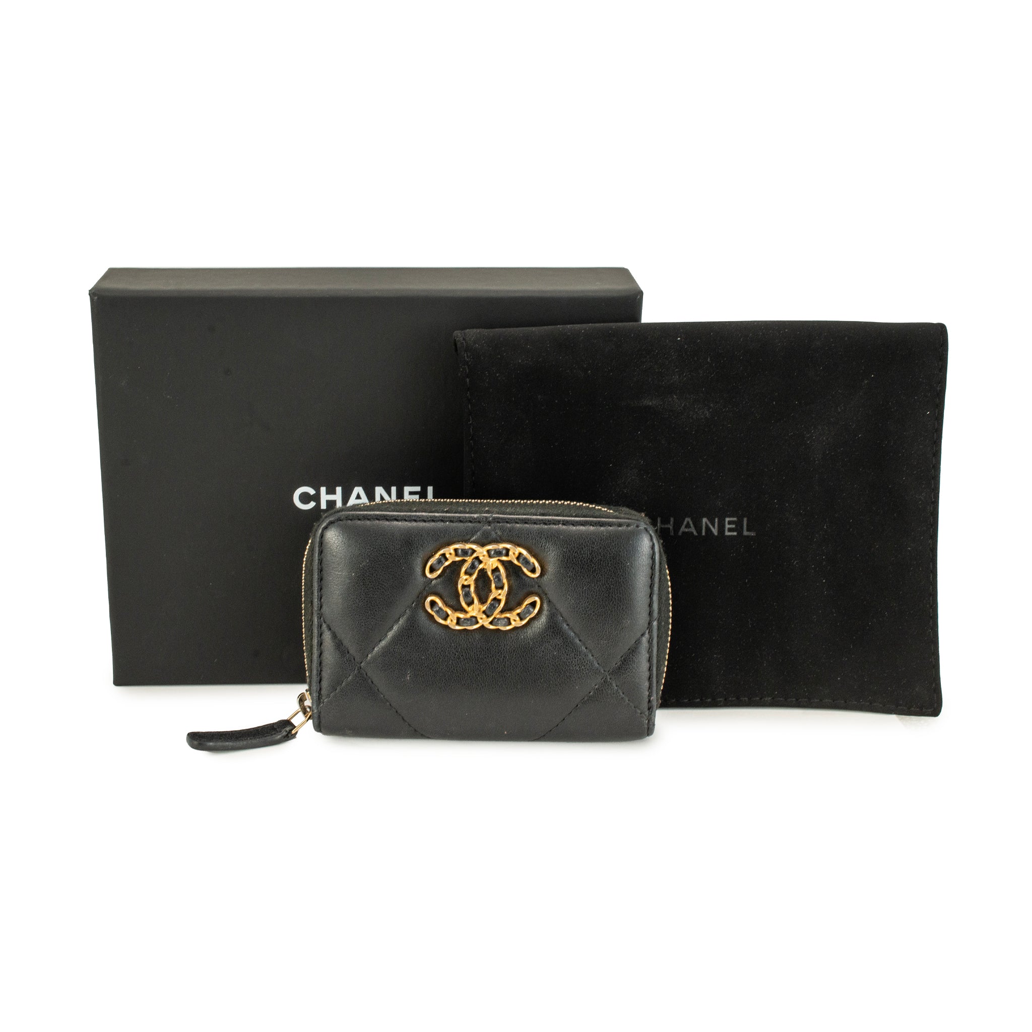 Chanel Lambskin Black Quilted Chanel 19 Zip Around Purse Wallet Bag