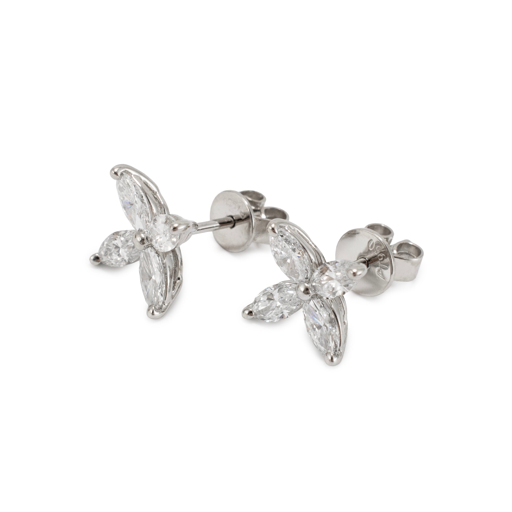 Ladies 950 Platinum 1.25ct Diamond Marquise Floral Flower Stud Earrings
