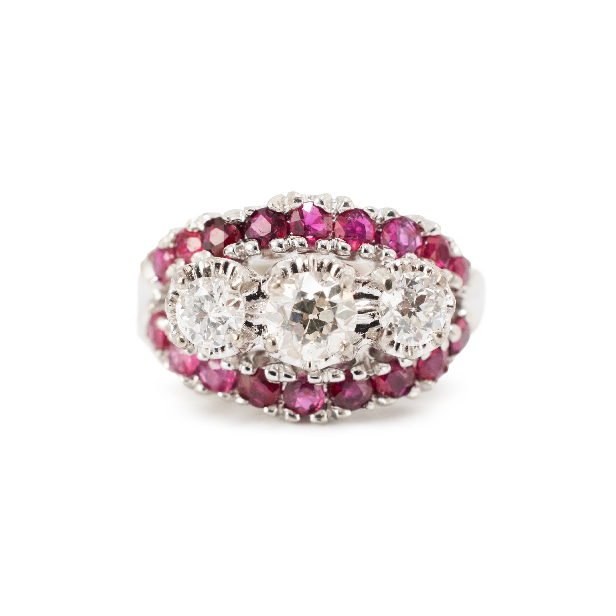 Antique 14K White Gold 1.33ctw Old Cut Diamond Ruby Three Stone Cocktail Ring