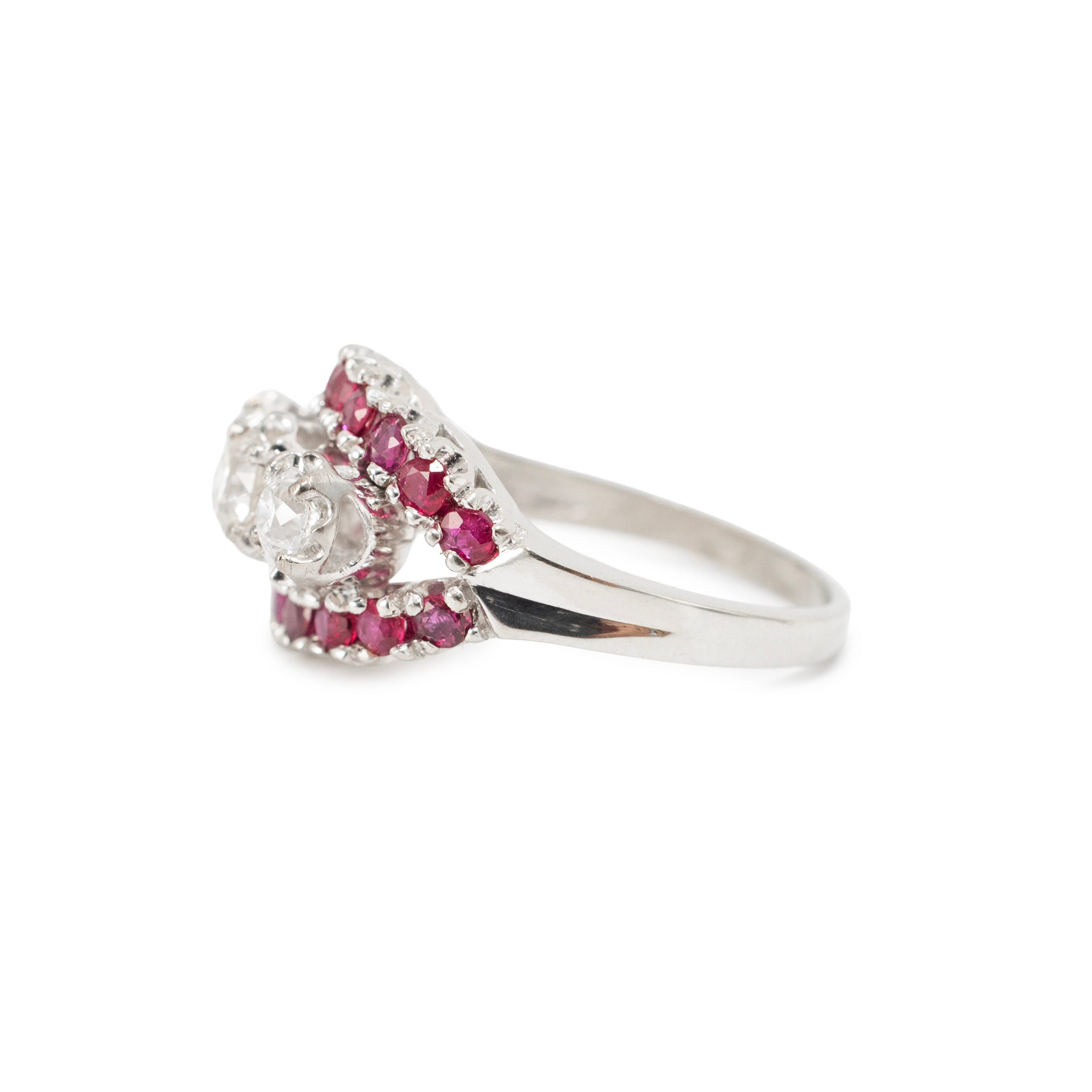 Antique 14K White Gold 1.33ctw Old Cut Diamond Ruby Three Stone Cocktail Ring