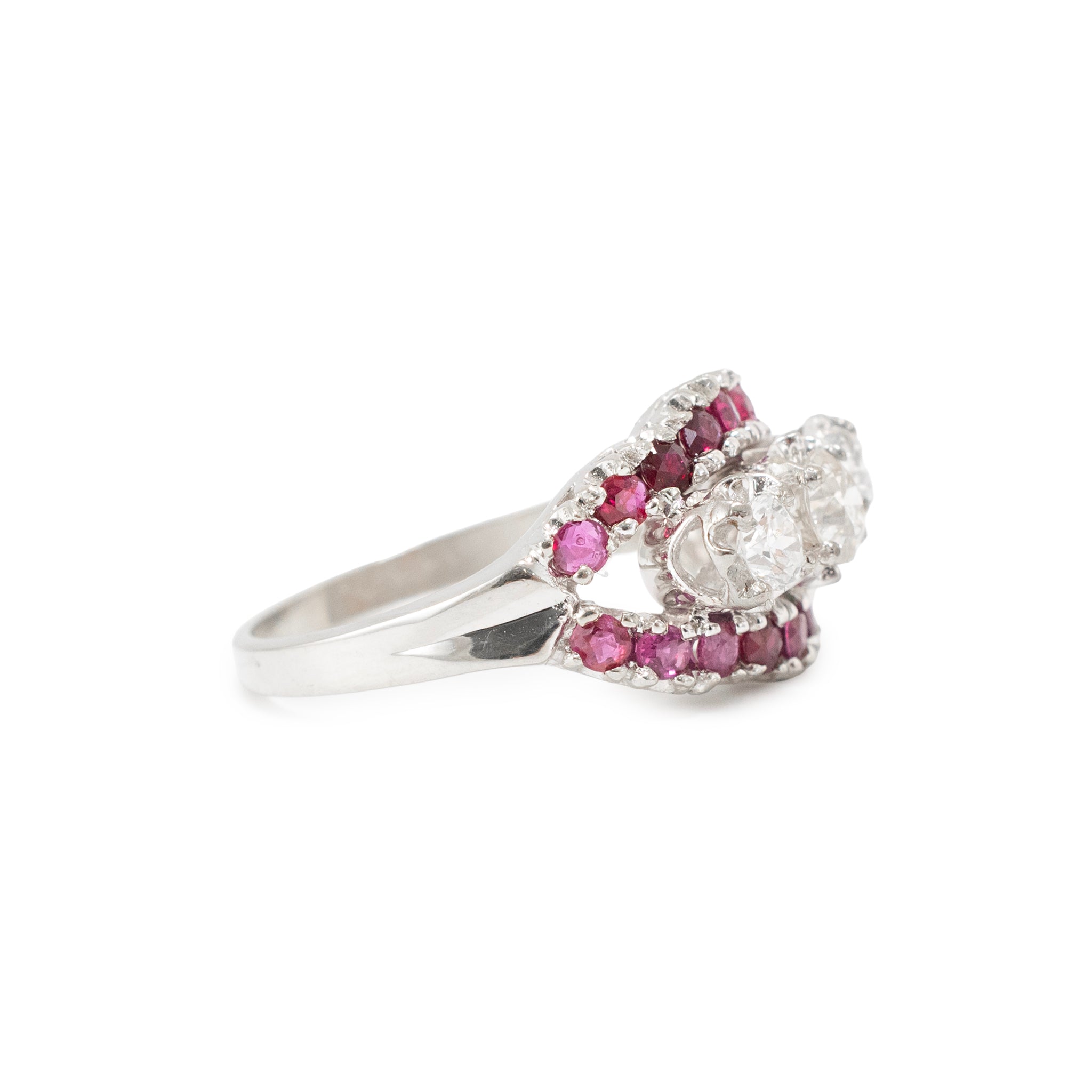 Antique 14K White Gold 1.33ctw Old Cut Diamond Ruby Three Stone Cocktail Ring