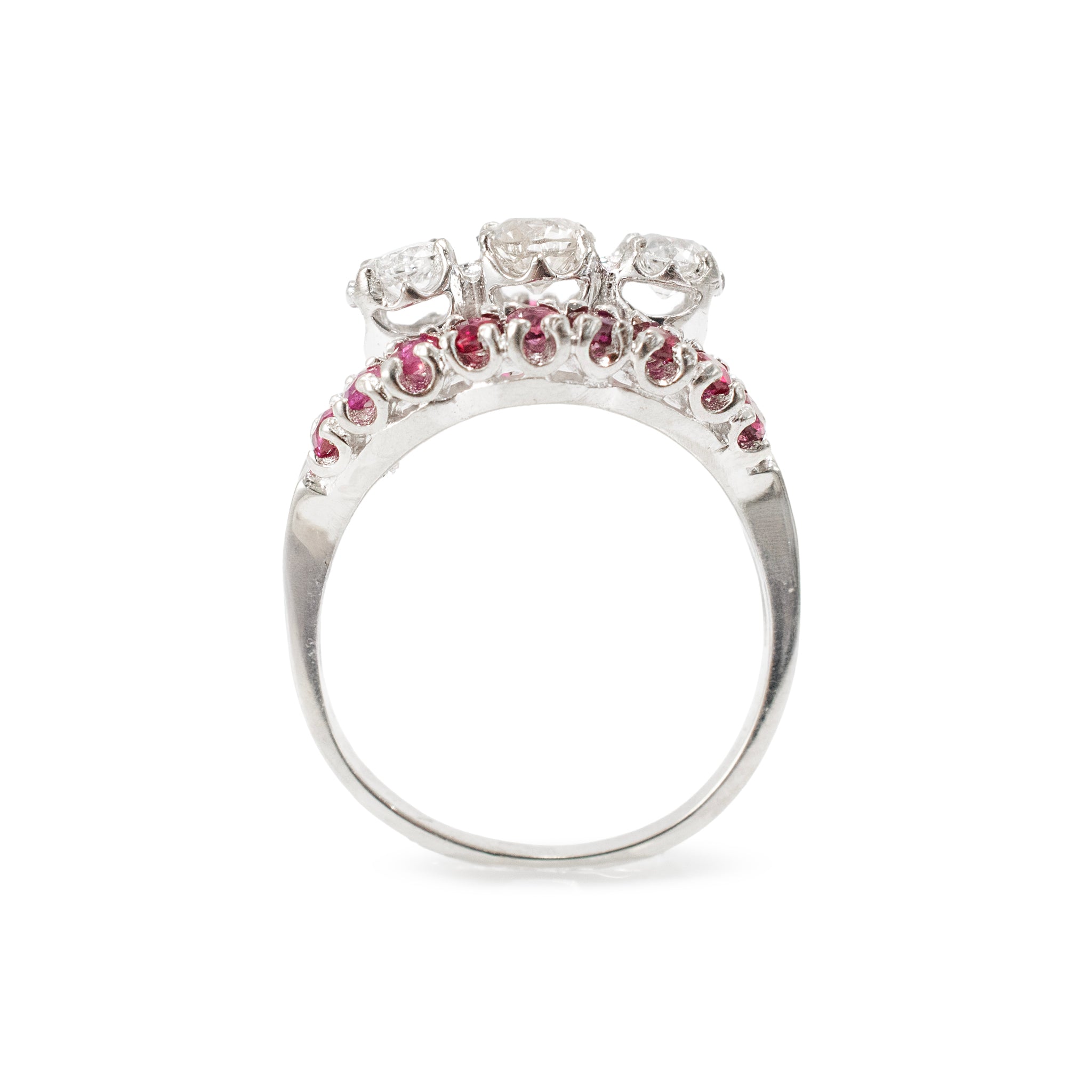 Antique 14K White Gold 1.33ctw Old Cut Diamond Ruby Three Stone Cocktail Ring