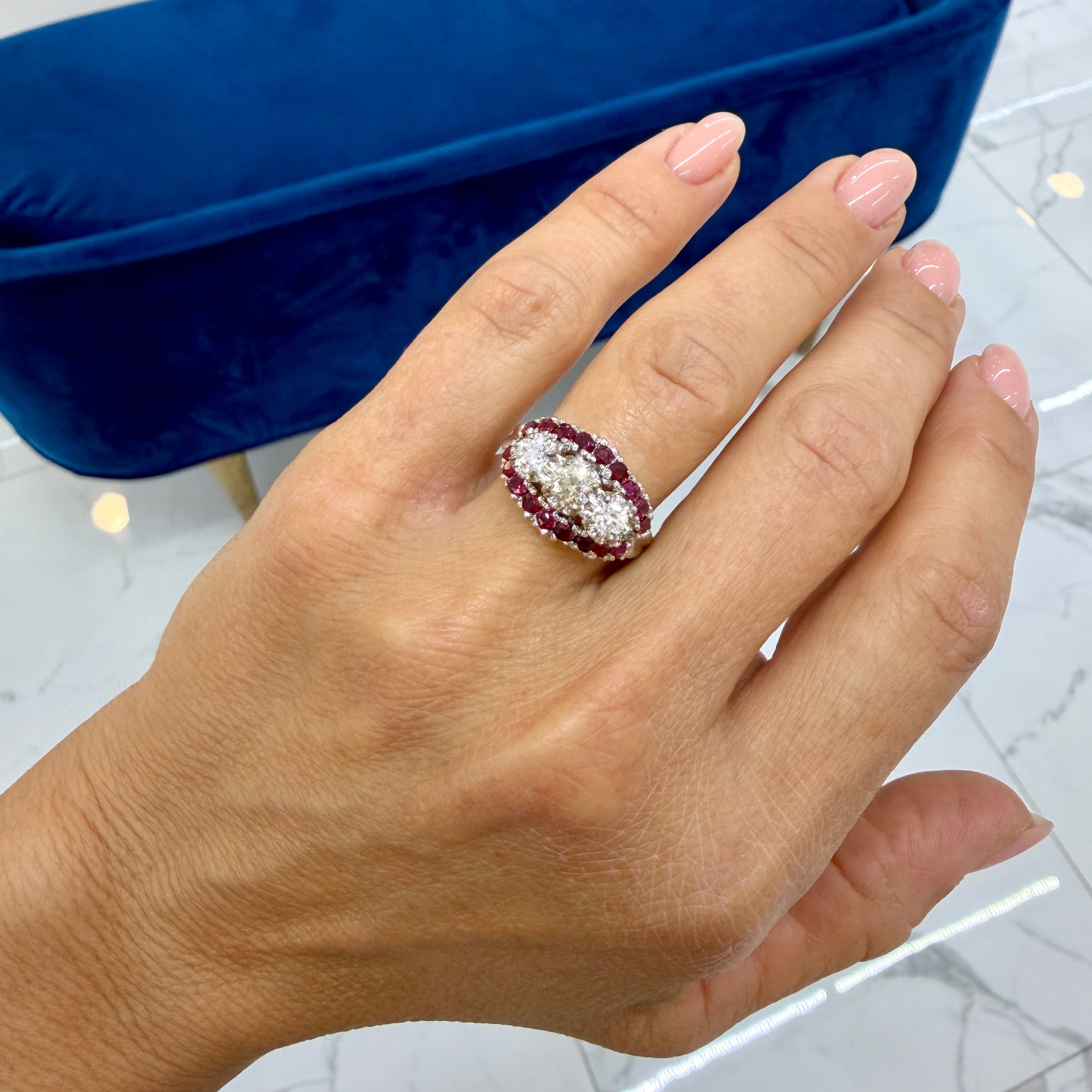 Antique 14K White Gold 1.33ctw Old Cut Diamond Ruby Three Stone Cocktail Ring